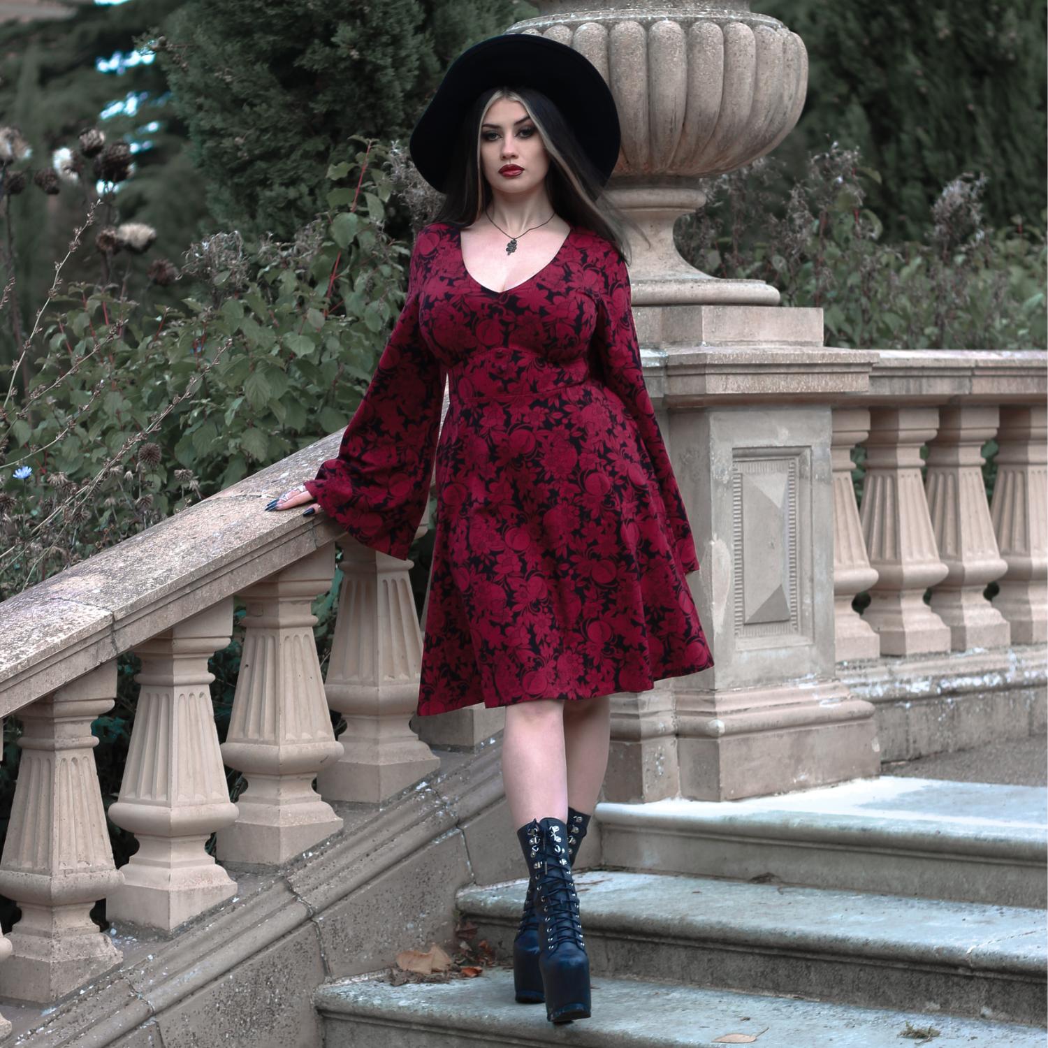 Danu Bell Sleeve Mini Dress | Red & Black Goth Dress with Pockets Snag US Danu Bell Sleeve Mini Dress | Red & Black Goth Dress with Pockets Snag US