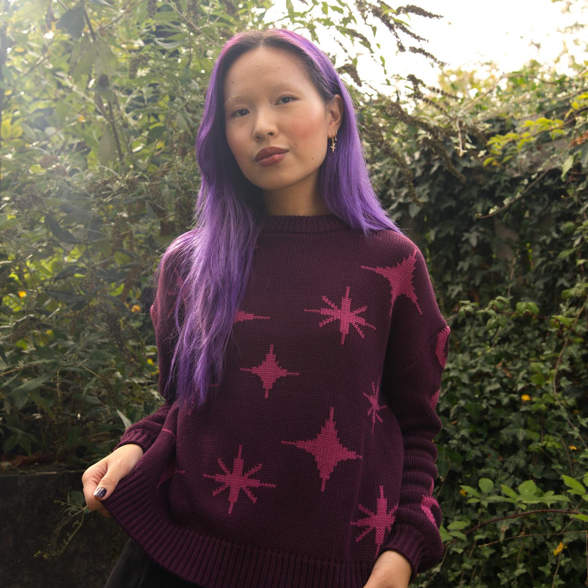 Chunky Knit Sweater - Stars - Pink/Purple