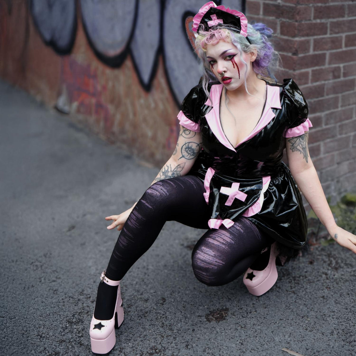 Mixed Denier Tights - Torn - Black