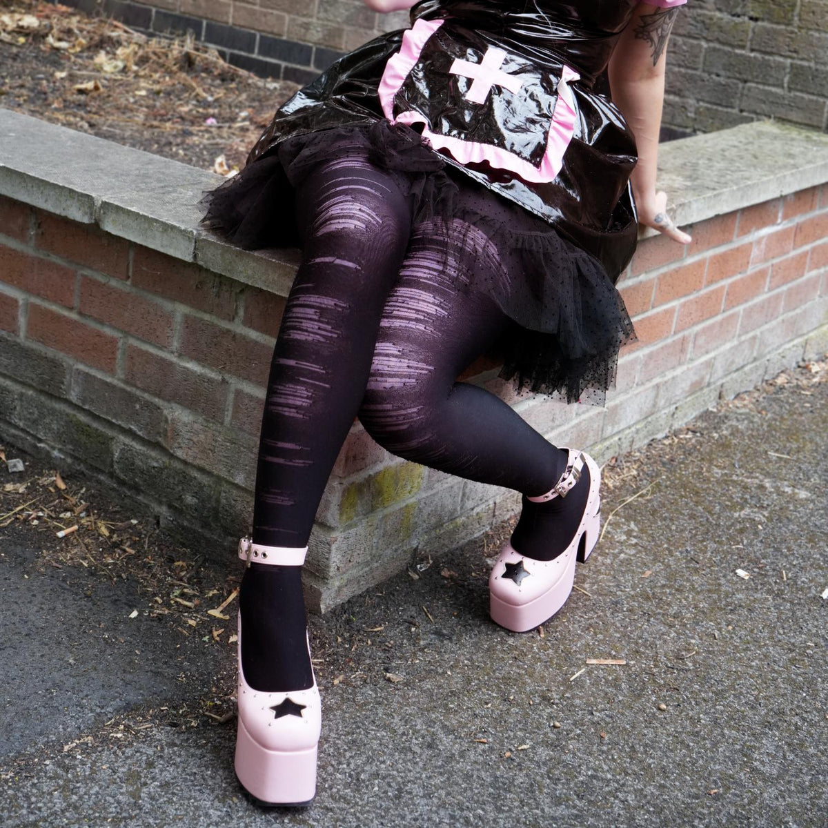 Mixed Denier Tights - Torn - Black