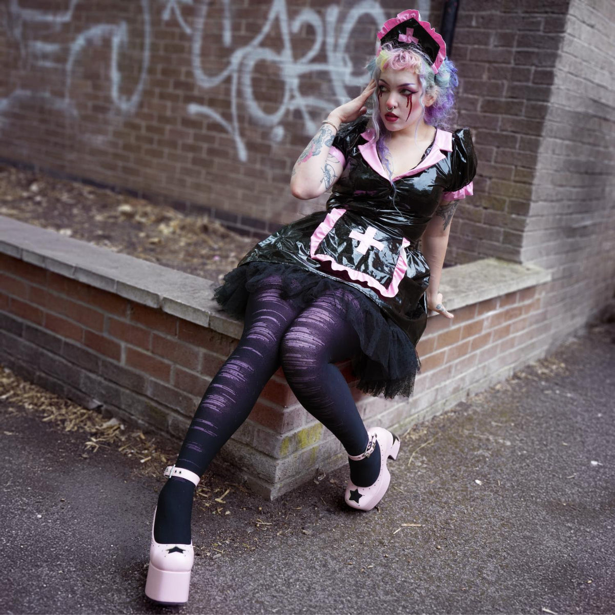 Mixed Denier Tights - Torn - Black