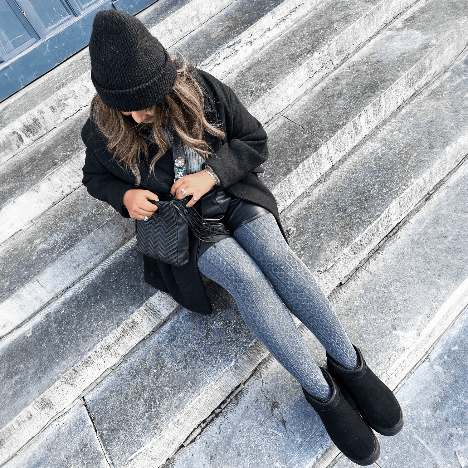 Grannies Cable Knit Wool Tights V2 - Slate