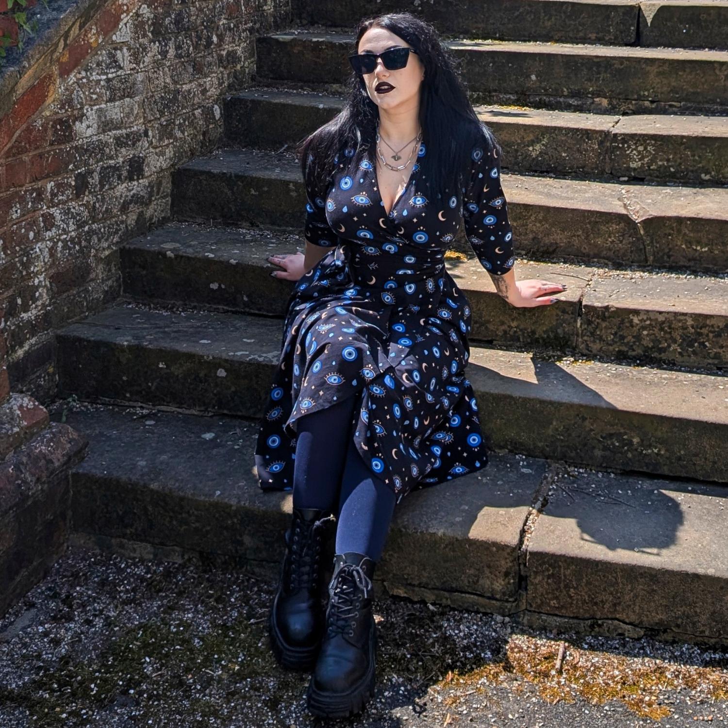 black dress with blue tights Evil Eye Black Wrap Dress | Sizes 0-34