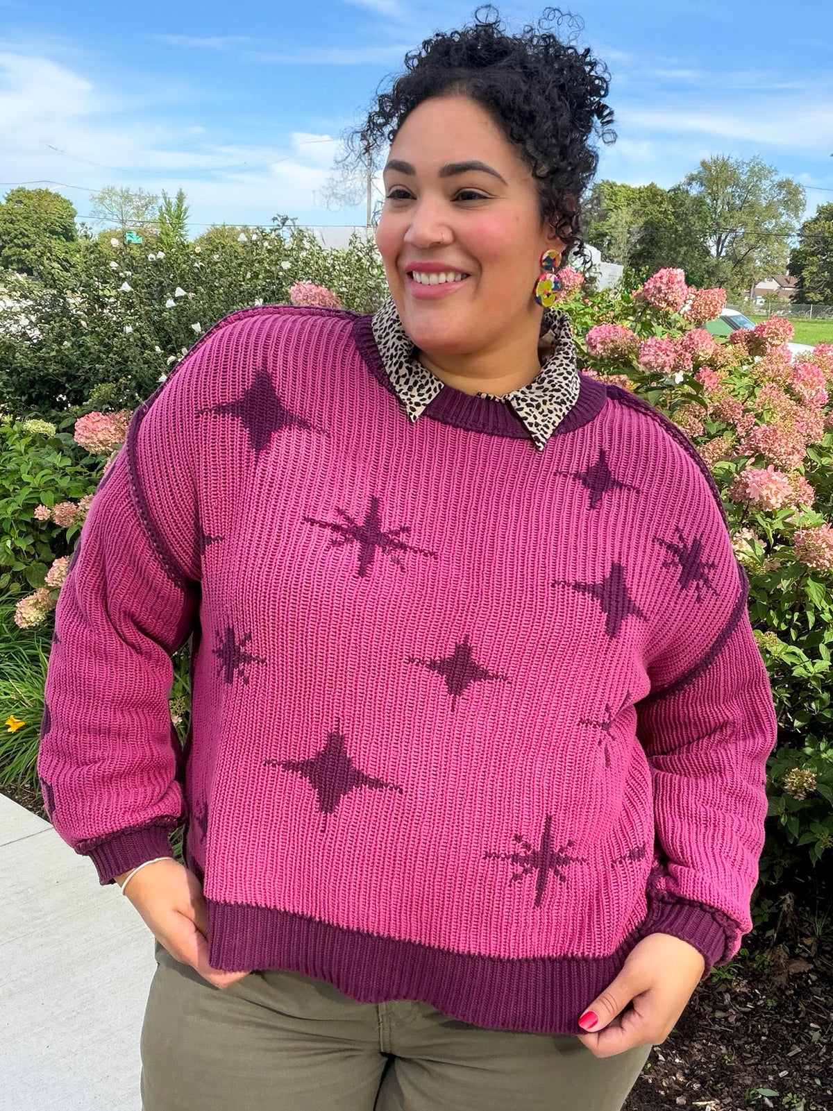 Chunky Knit Sweater - Stars - Pink/Purple