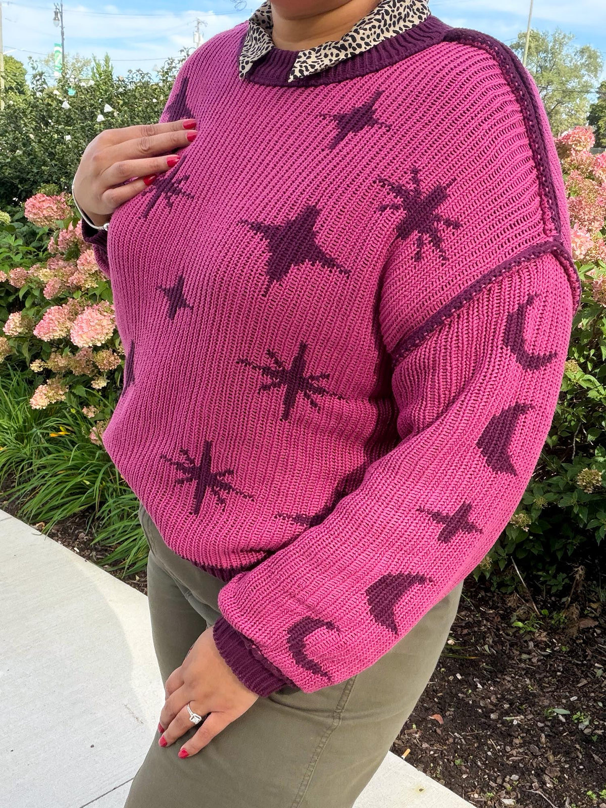 Chunky Knit Sweater - Stars - Pink/Purple
