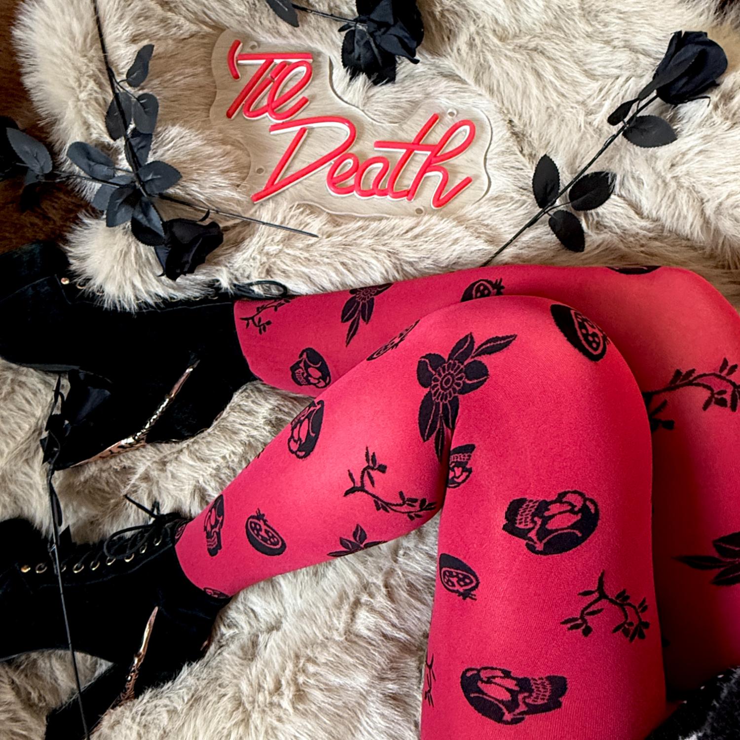 Opaque 80 Denier Tights - Danu Skull Flower - Blood Red