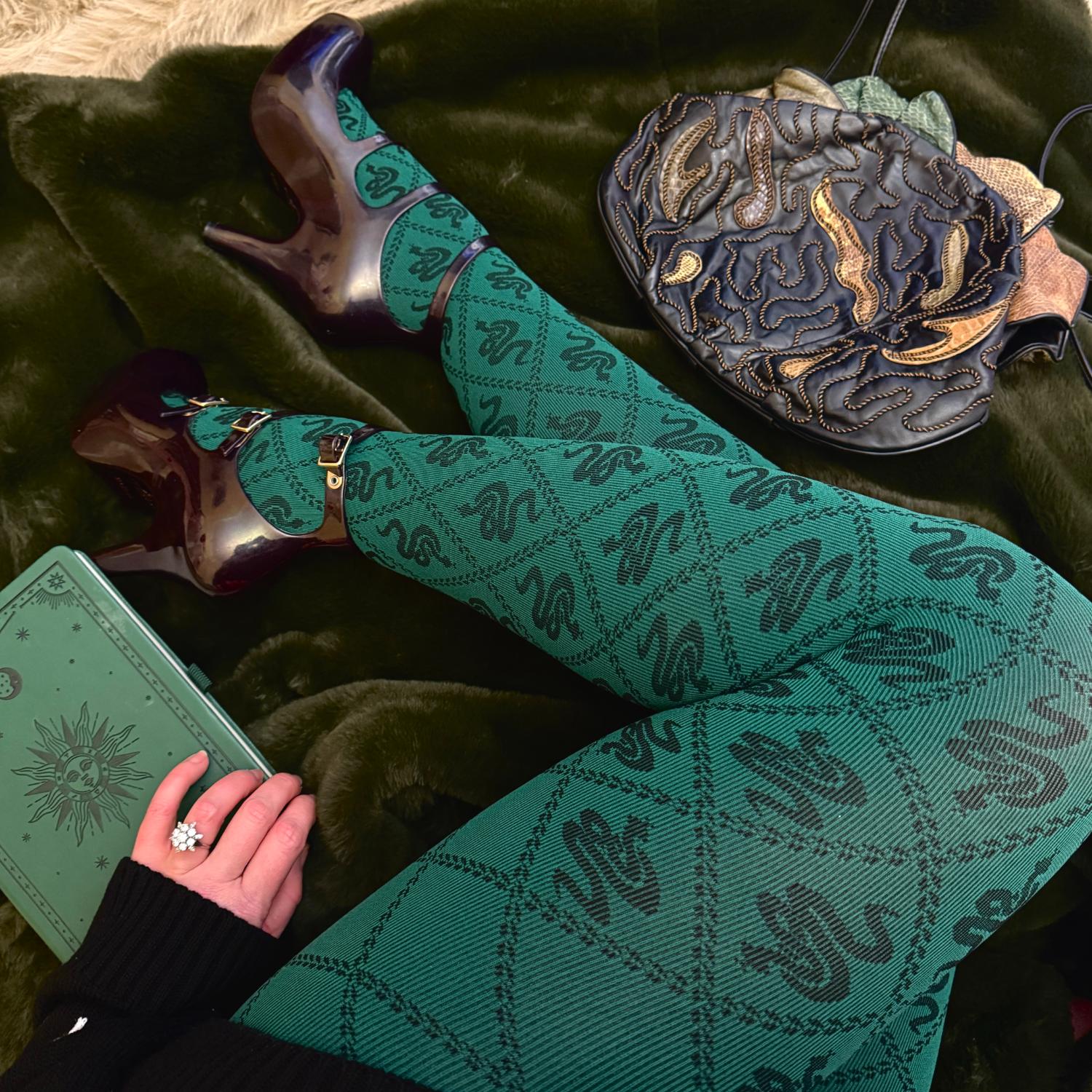 Opaque 80 Denier Tights - Corra Snakes - Foliage Green