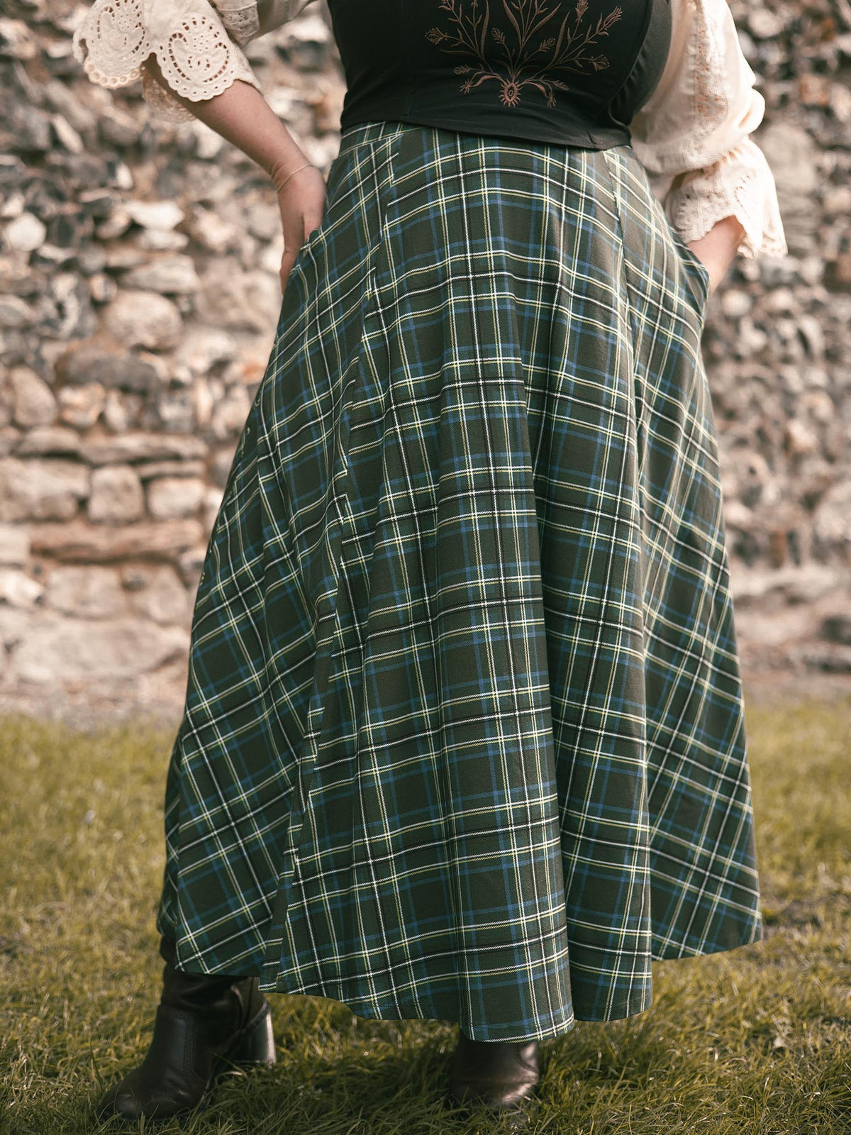 Islay Jersey Maxi A-Line Skirt - Green Plaid