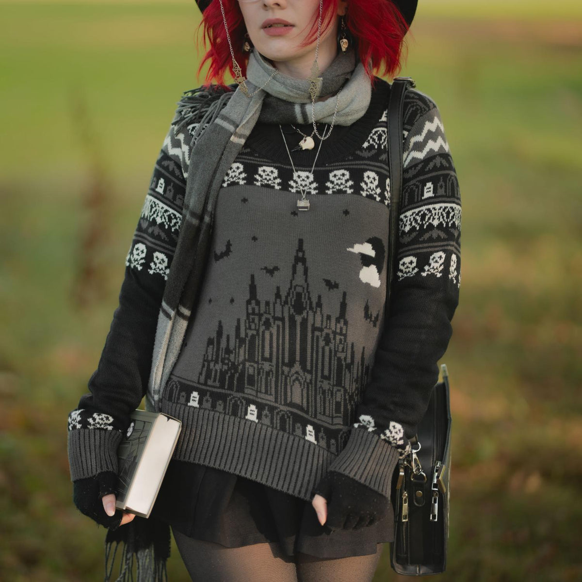 Fair Isle Sweater - Haunted House - Black/Gray