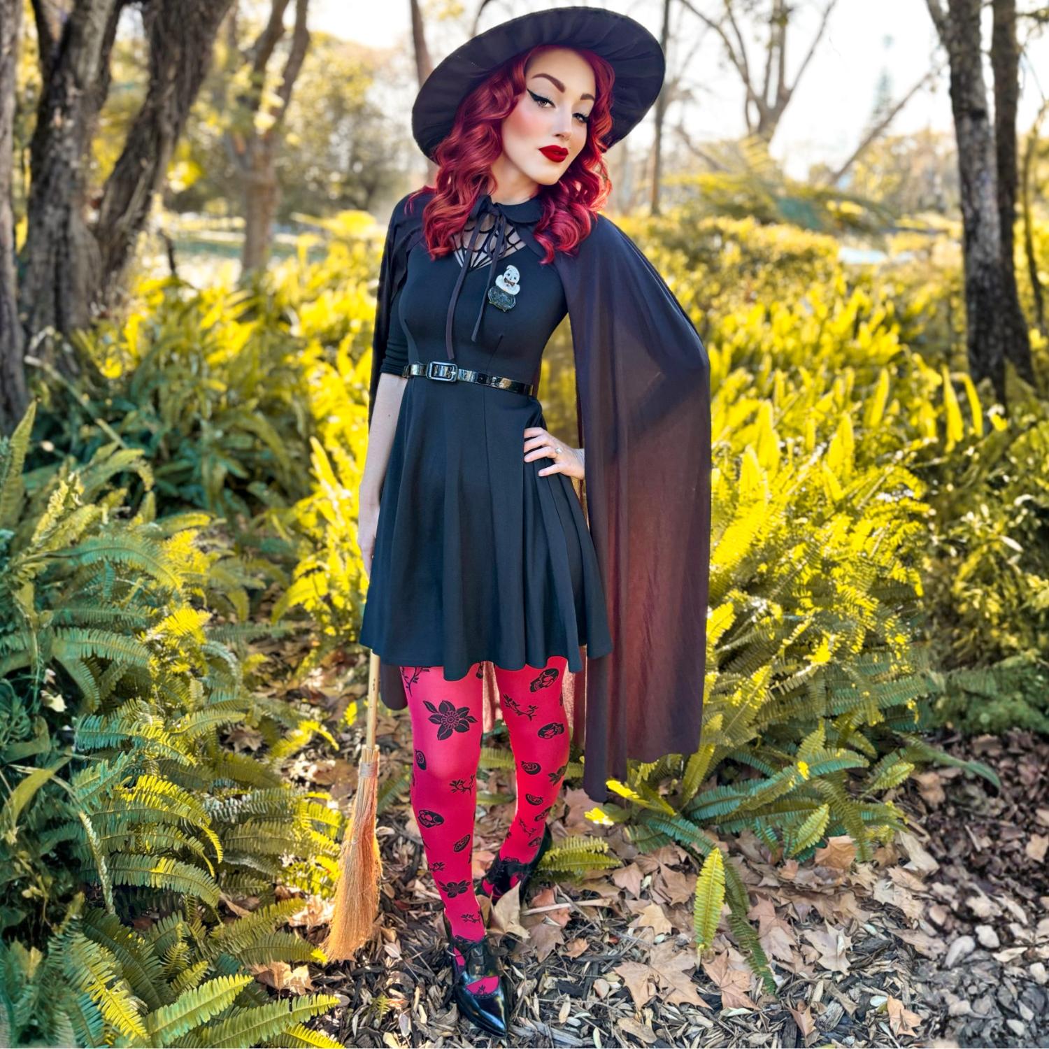 80 Denier Opaque Tights - Danu Skull Flower - Blood Red