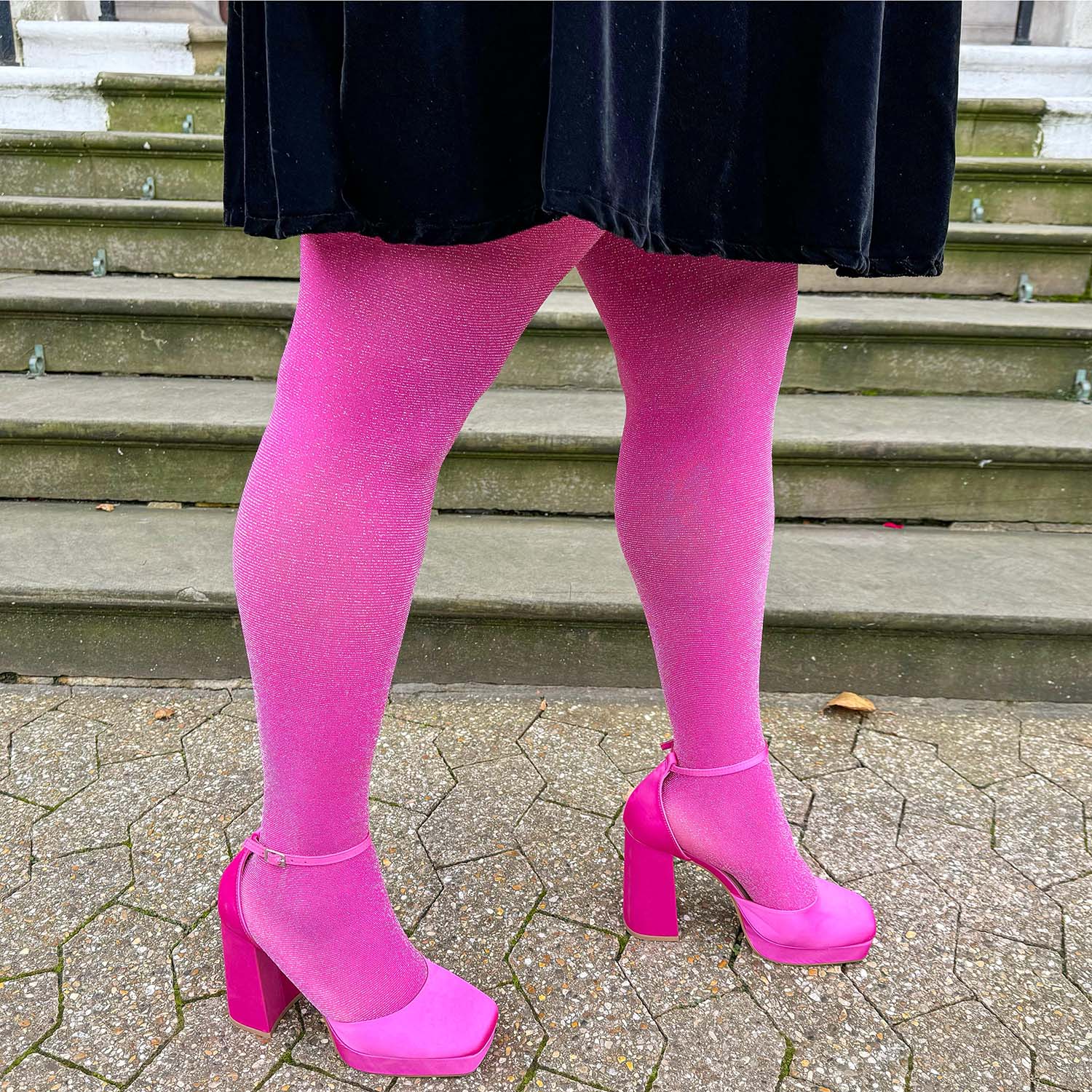 hot pink dress black tights black tights
