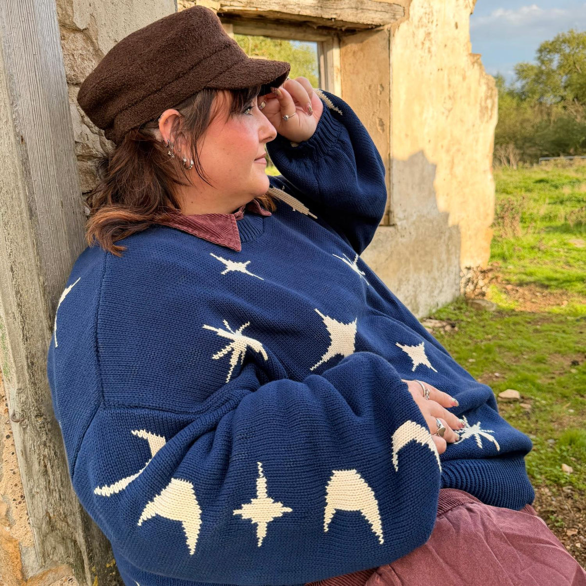 Chunky Knit Sweater - Stars - Navy/Cream