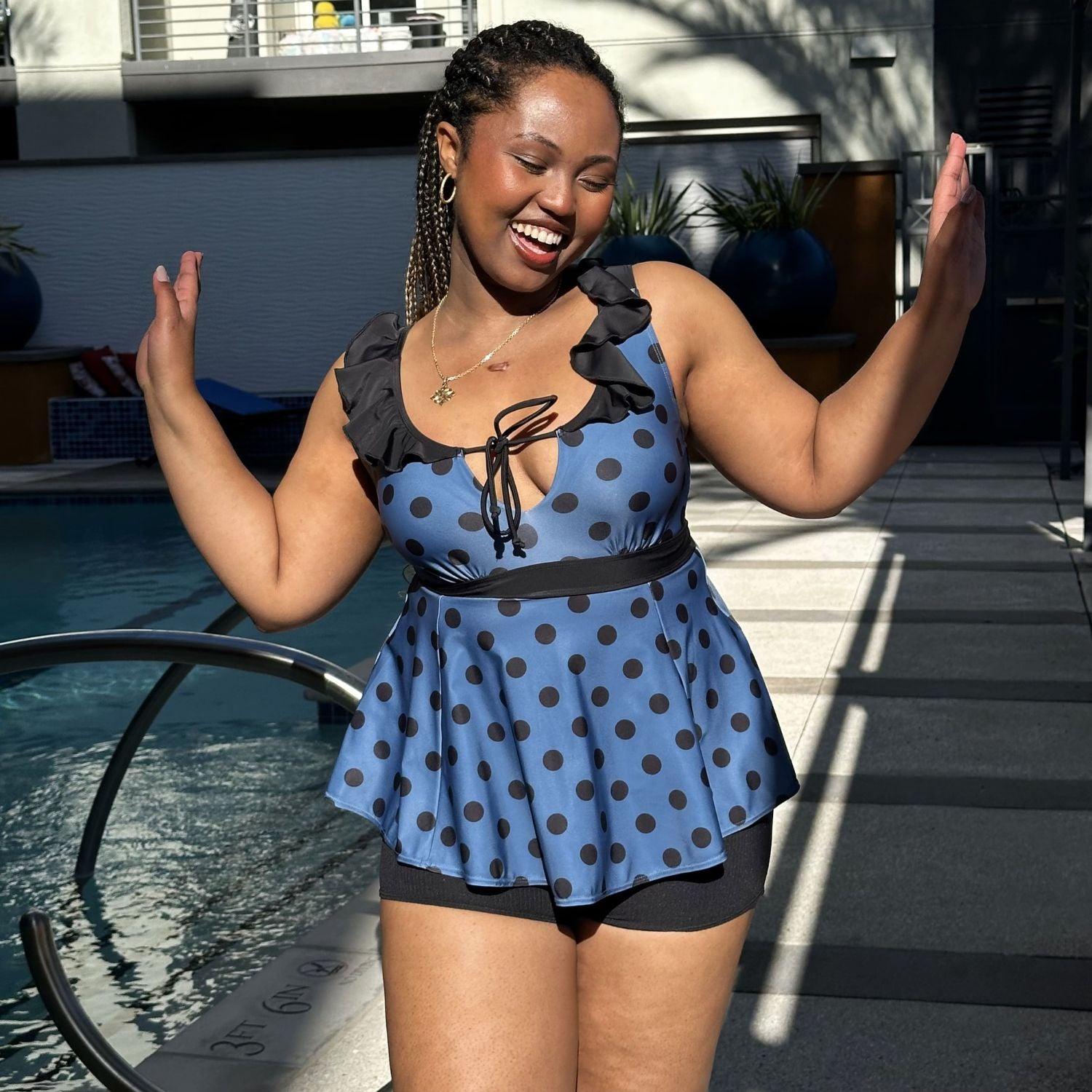 Polka Dot Swimsuit Tankini V Peplum Tankini Top Black Polka Dots XXL