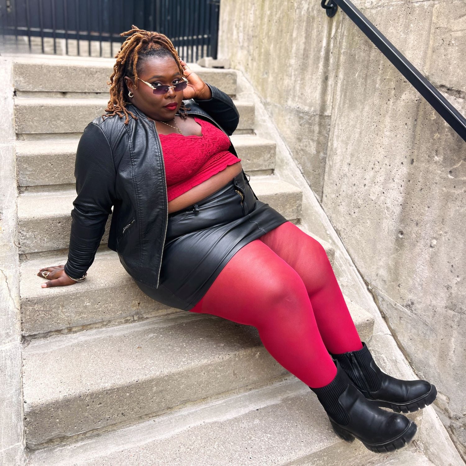 Leather Jacket Red Skirt Black Tights Red Leather Skirt And Jacket