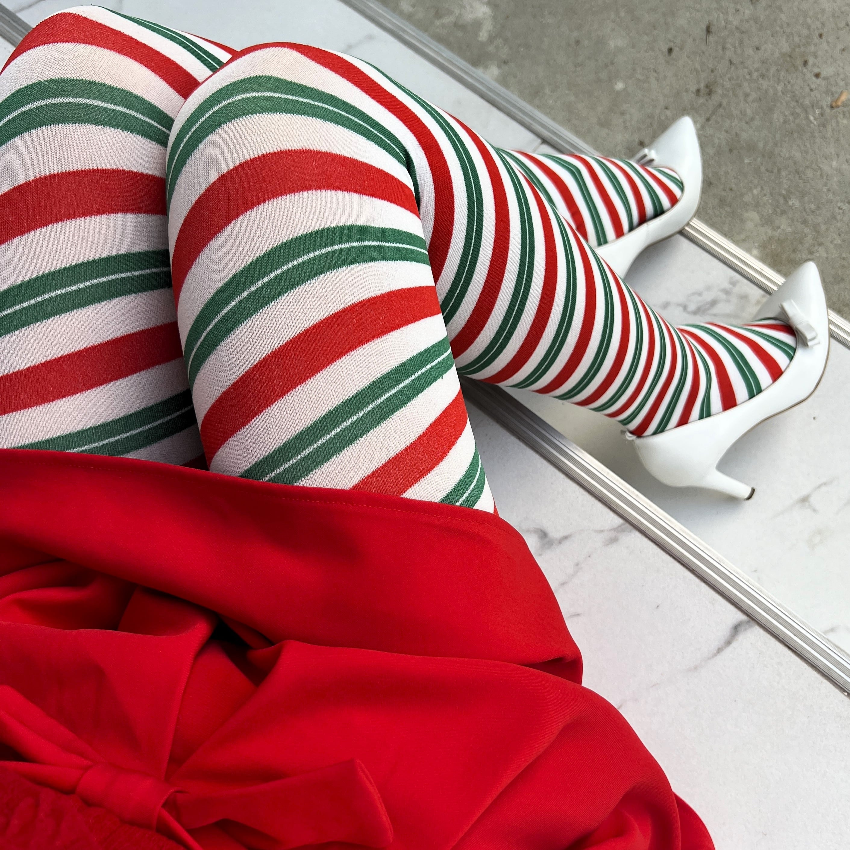 Layered Striped Red, Green & White Tights - The Best Christmas