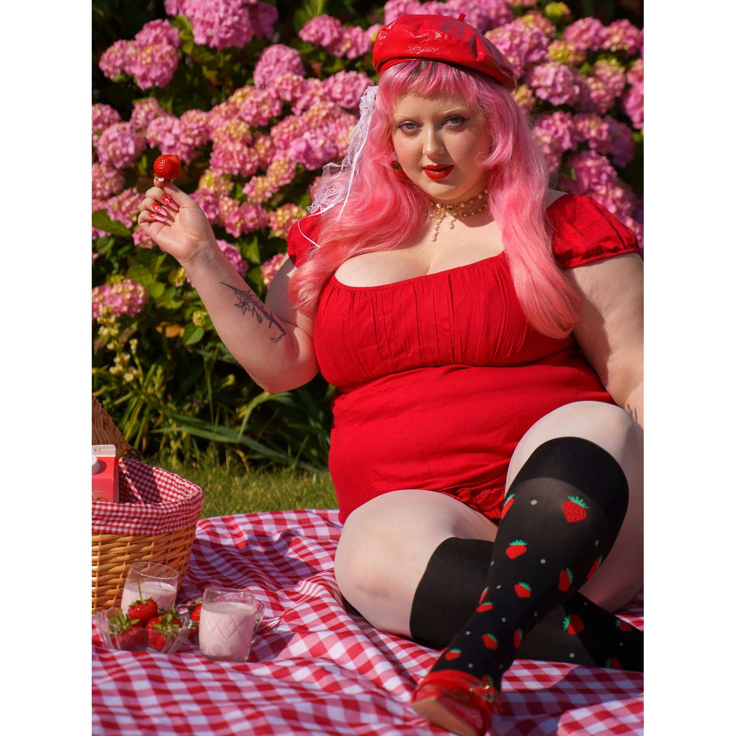 Strawberry Mock Sock Tights - Black