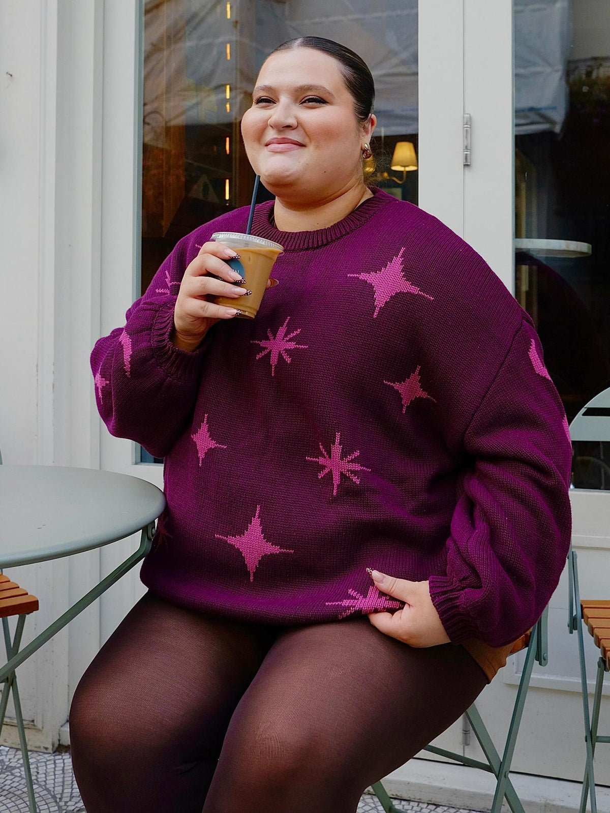 Chunky Knit Sweater - Stars - Pink/Purple