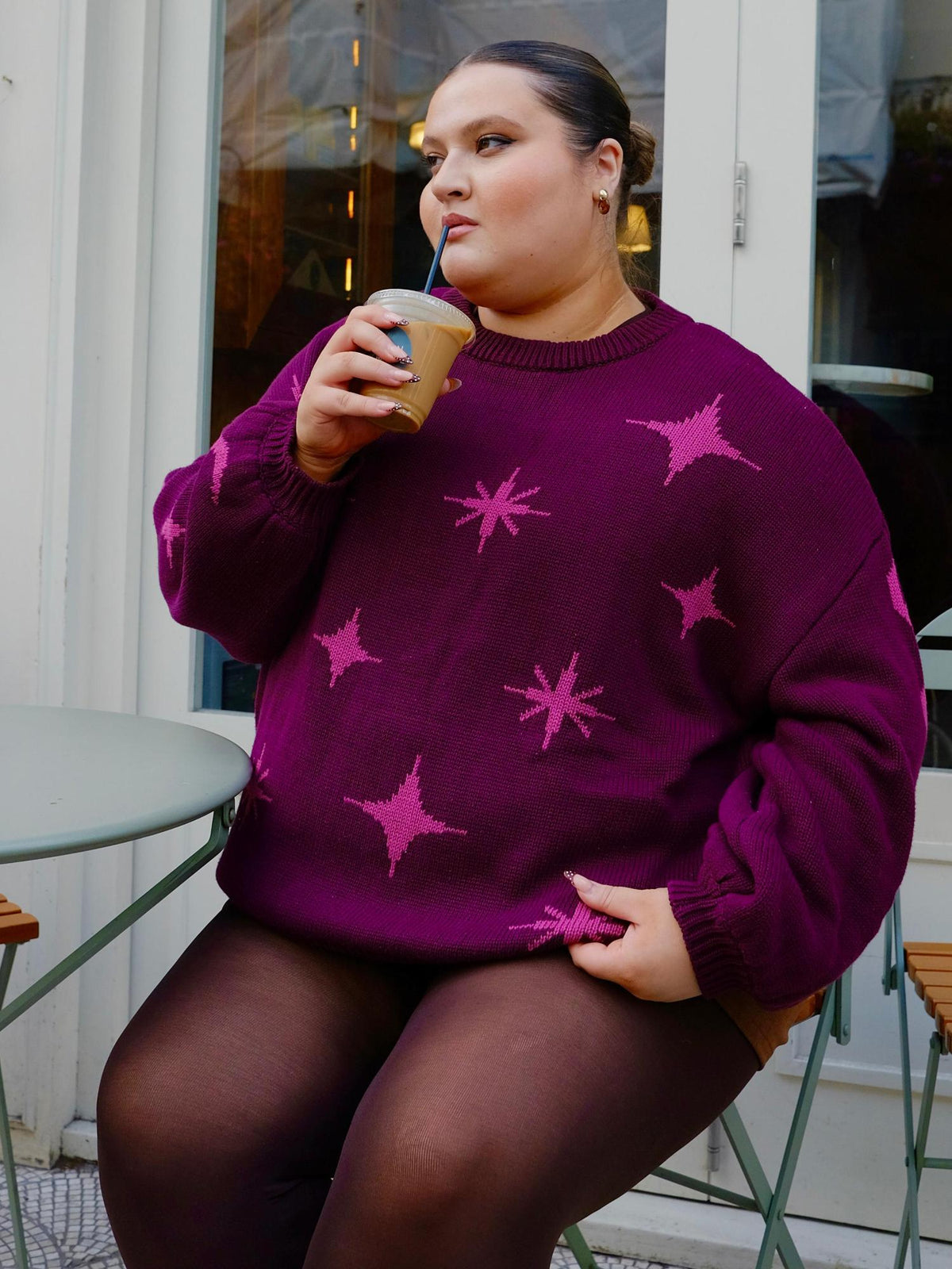 Chunky Knit Sweater - Stars - Pink/Purple