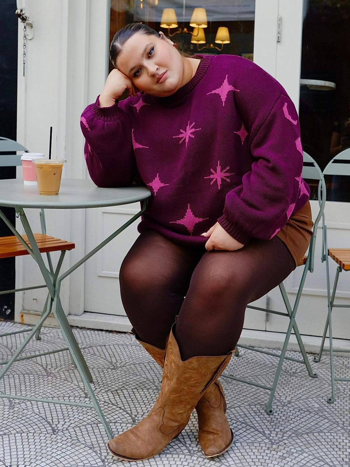 Chunky Knit Sweater - Stars - Pink/Purple