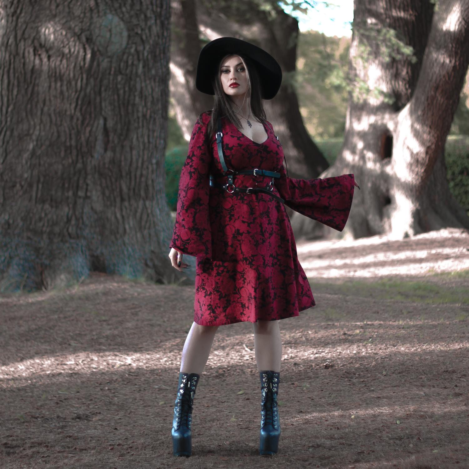 Danu Bell Sleeve Mini Dress | Red & Black Goth Dress with Pockets Snag US Danu Bell Sleeve Mini Dress | Red & Black Goth Dress with Pockets Snag US