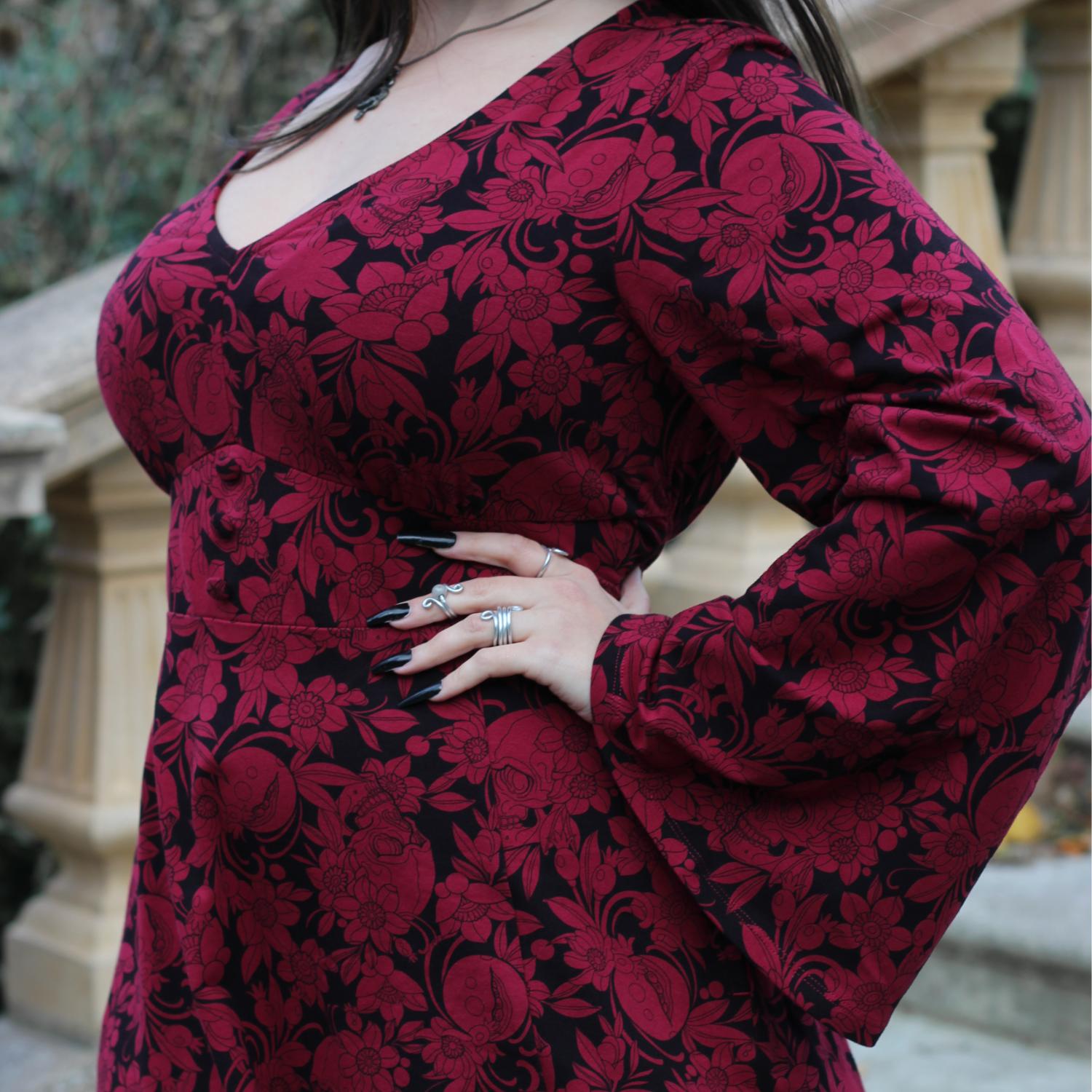 Danu Bell Sleeve Mini Dress | Red & Black Goth Dress with Pockets
