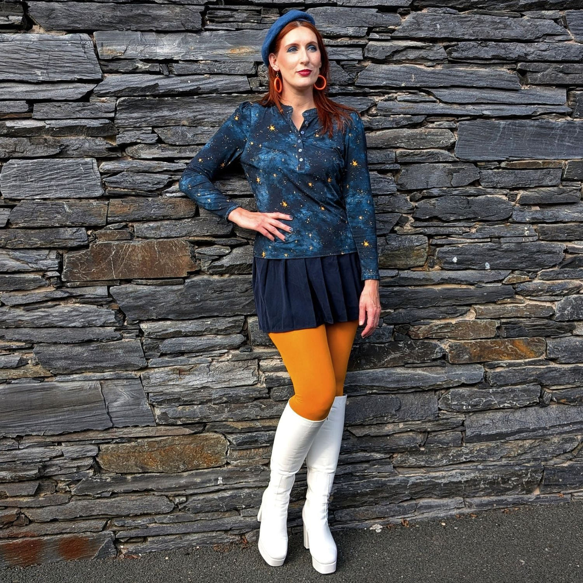 Tailored Viscose Jersey Button-Up Top - Nebular Stars