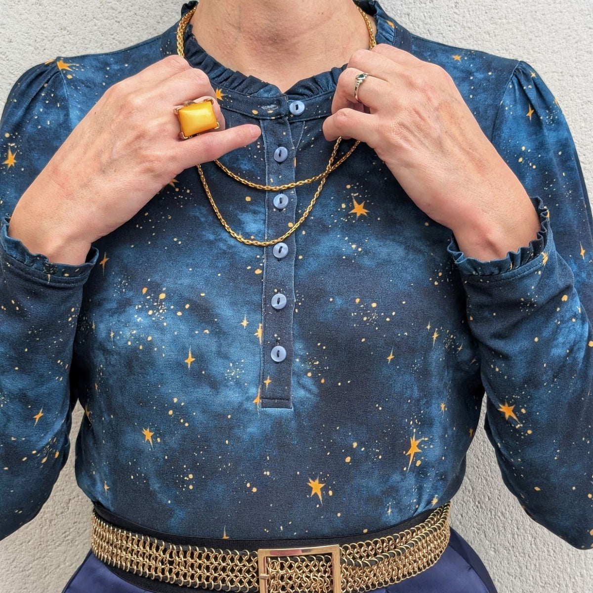 Tailored Viscose Jersey Button-Up Top - Nebular Stars