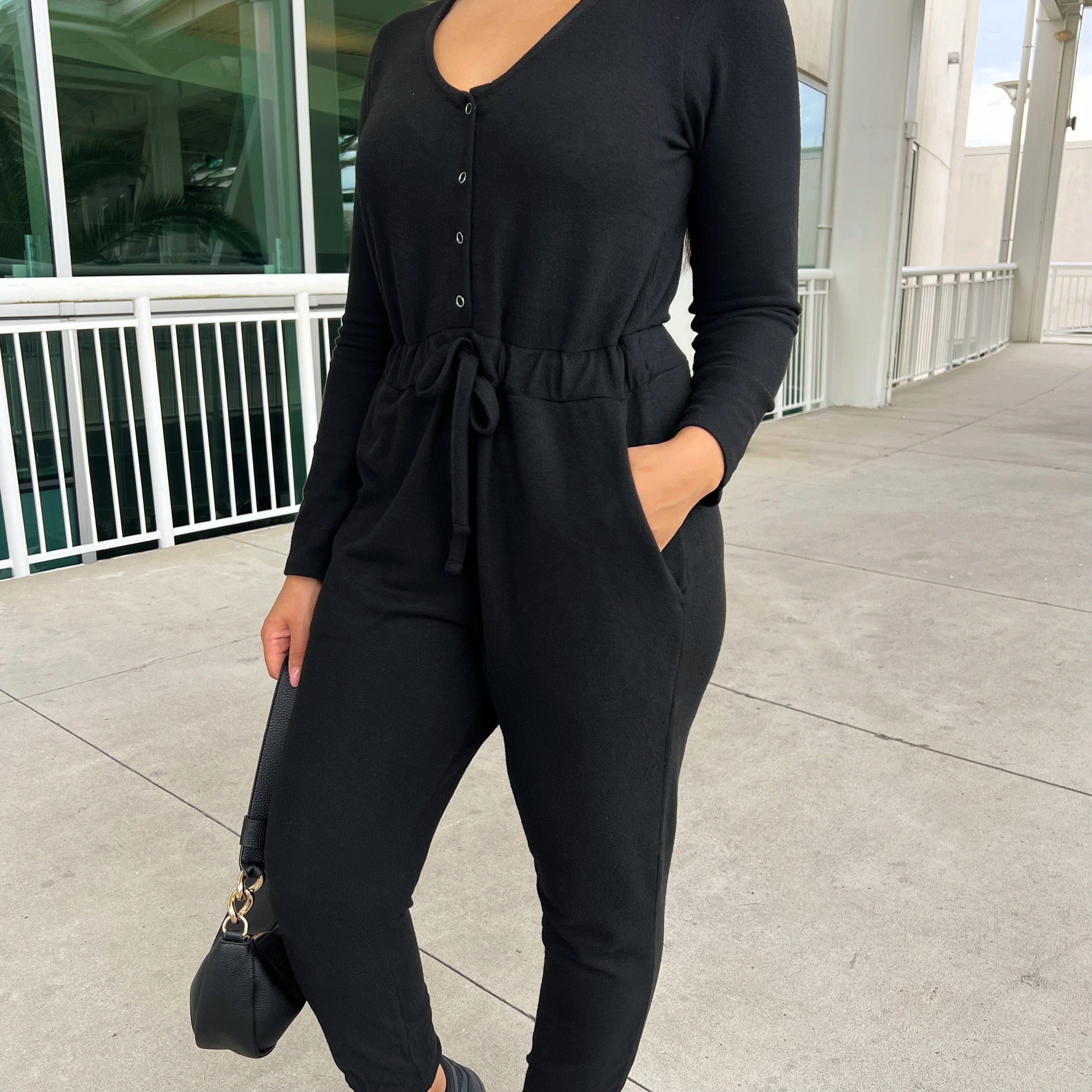 dobby 3/4 puff sleeve strappy black jumpsuit - Cameo Outfits