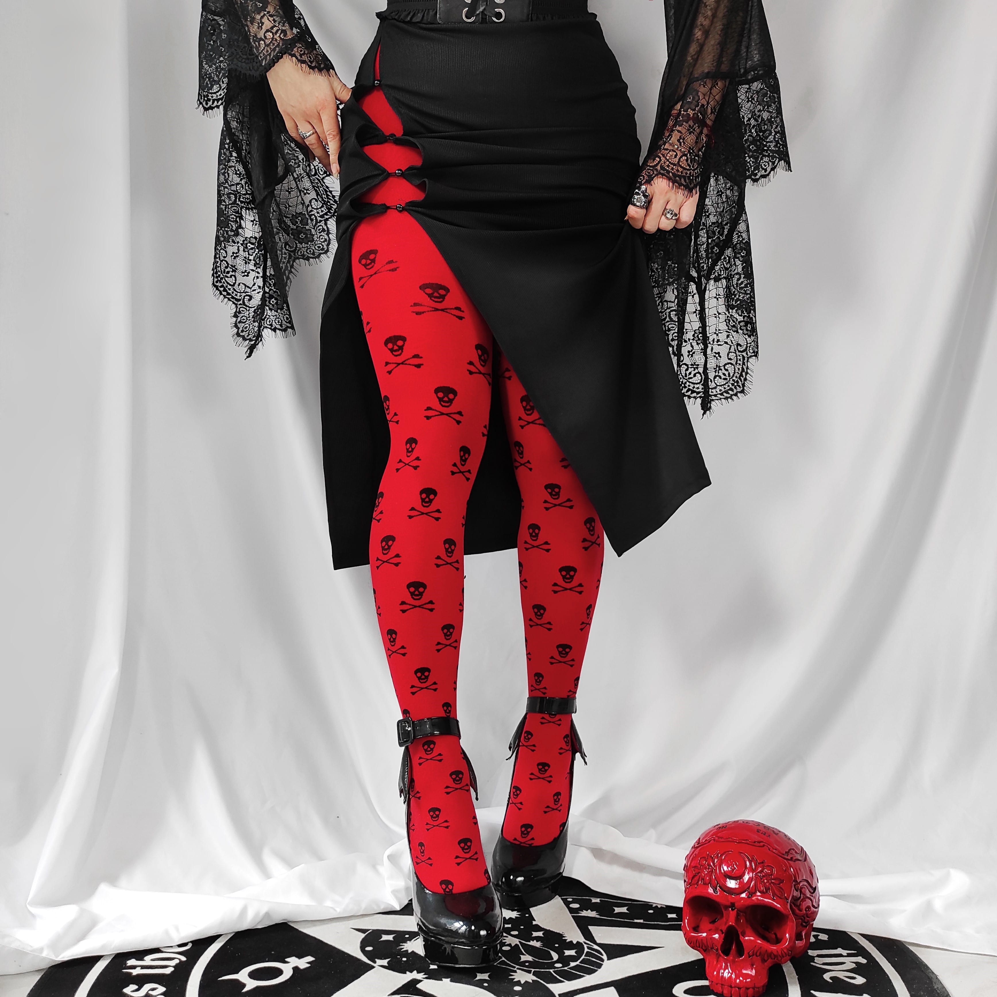 Skull Patterned Red Colored Tights