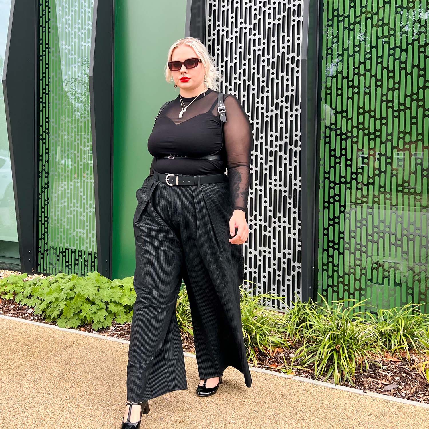 Wide Leg Pinstripe Tailored Trousers - Black - Tights & Clothes In