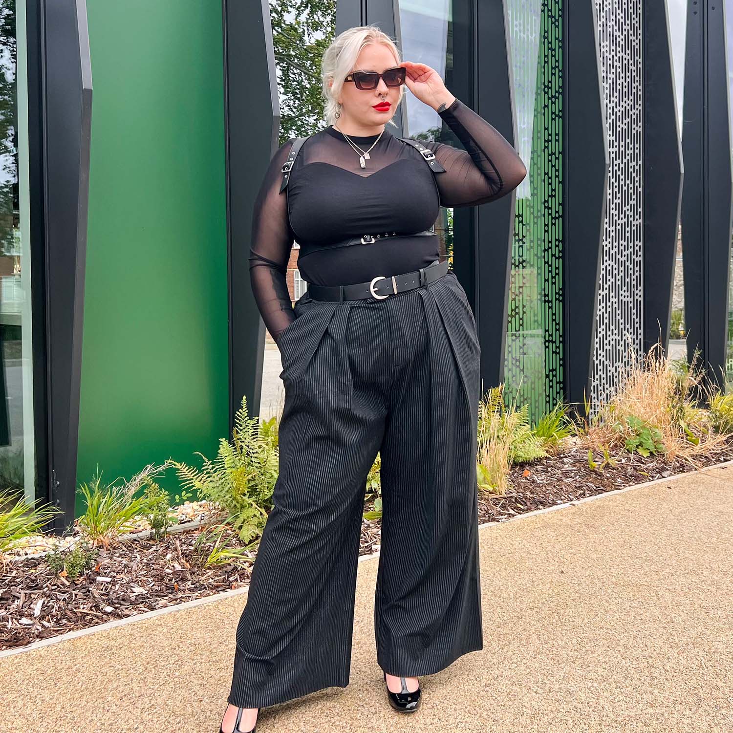 Wide Leg Pinstripe Tailored Trousers - Black - Tights & Clothes In