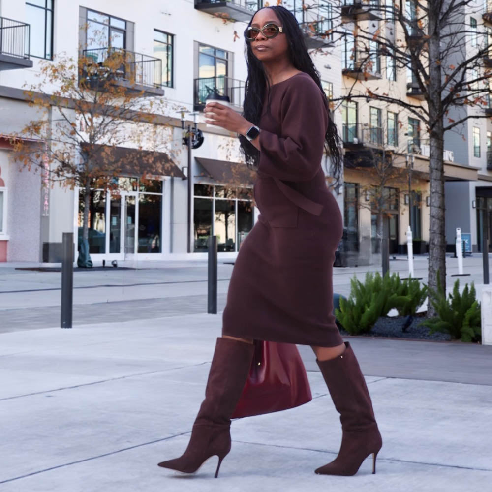 burgundy dress with tights Knitted Dress Cocoon Midi Dress Tights Brown Dress With Boots Burgundy  Dress With Brown Boots