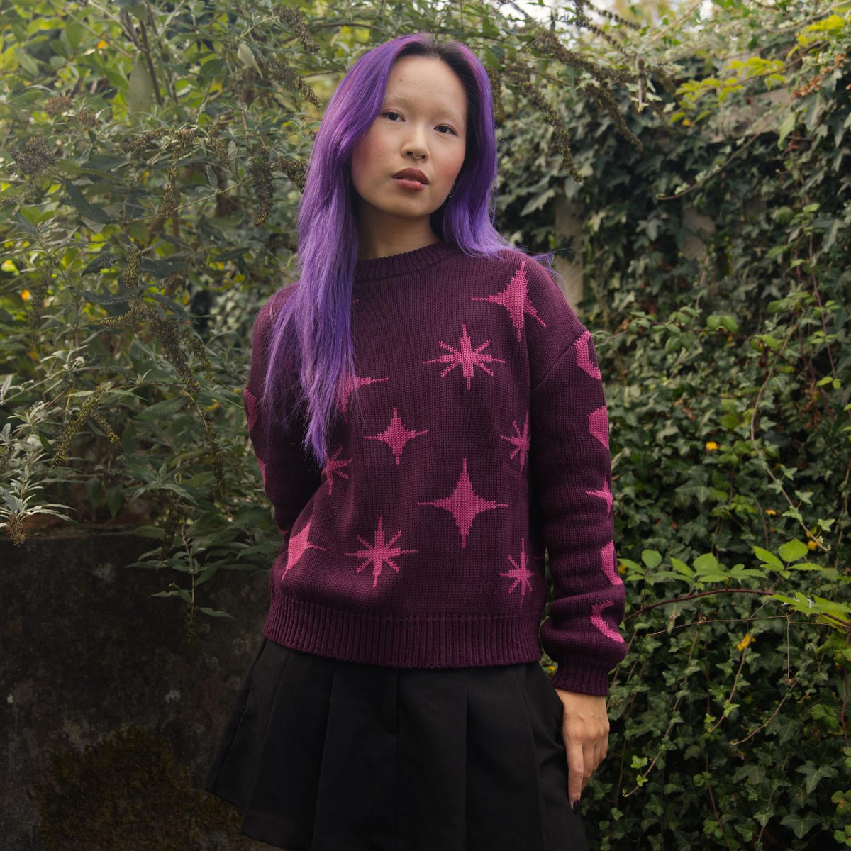 Chunky Knit Sweater - Stars - Pink/Purple