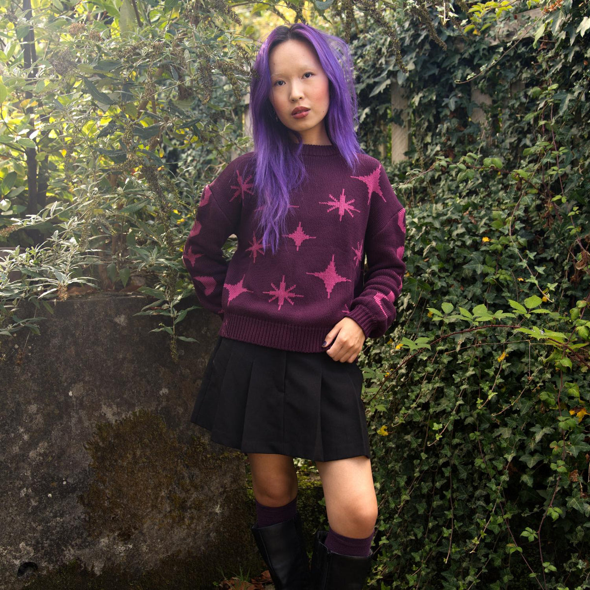 Chunky Knit Sweater - Stars - Pink/Purple