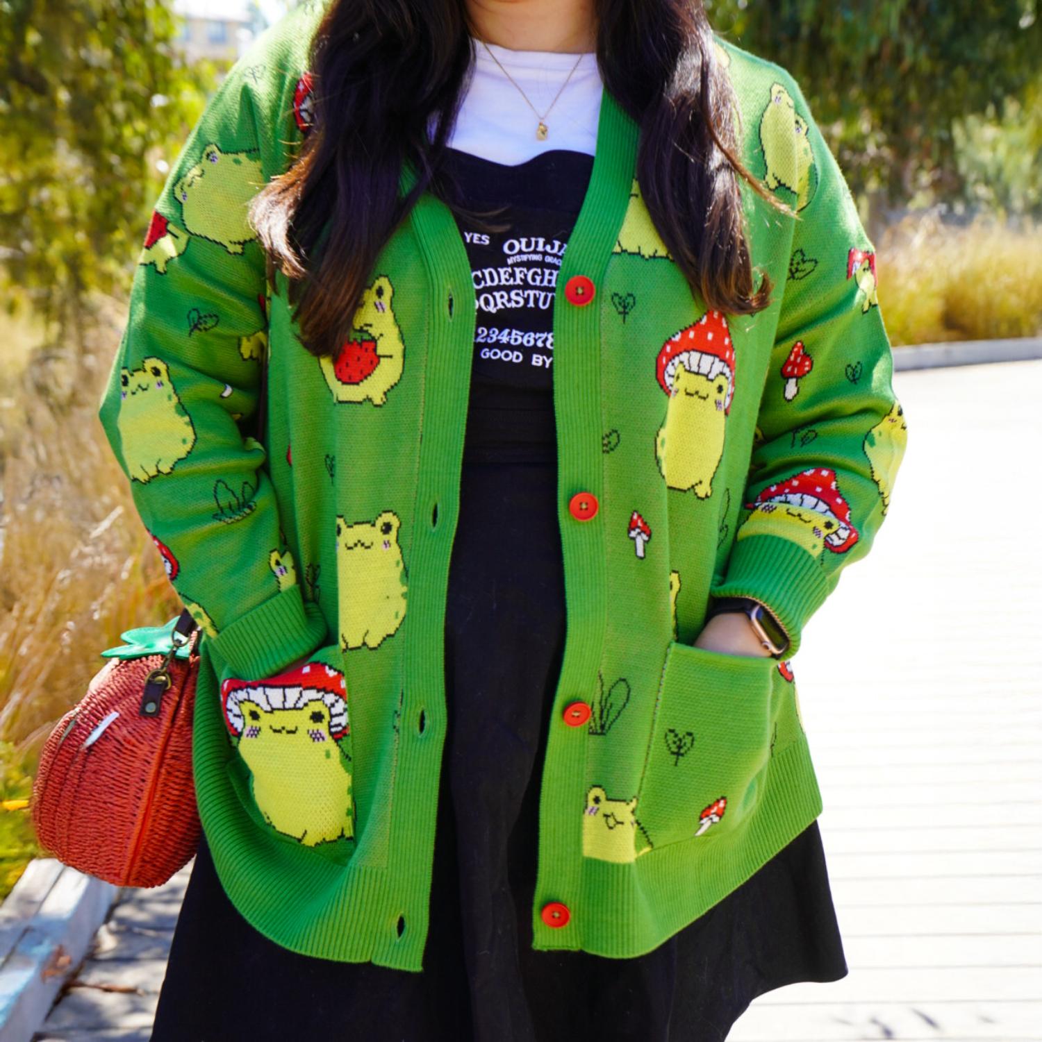 Hoppy Meadow Frog Print Cardigan | Alternative Knitwear | Sizes 0