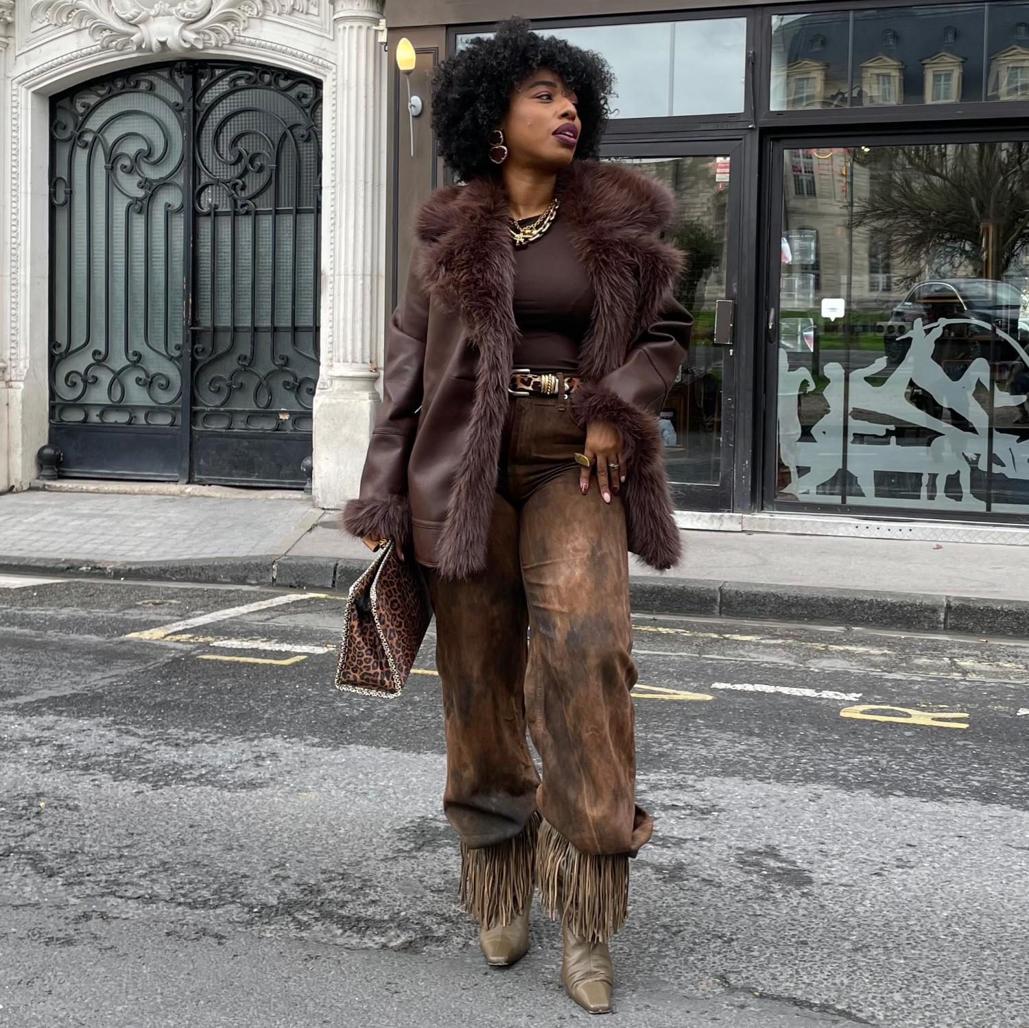 アリソンブラウン ALIVE WITH PLEASURE JACKET Brown Faux Fur Aviator Longline Jacket - Ethical & Inclusive Snag
