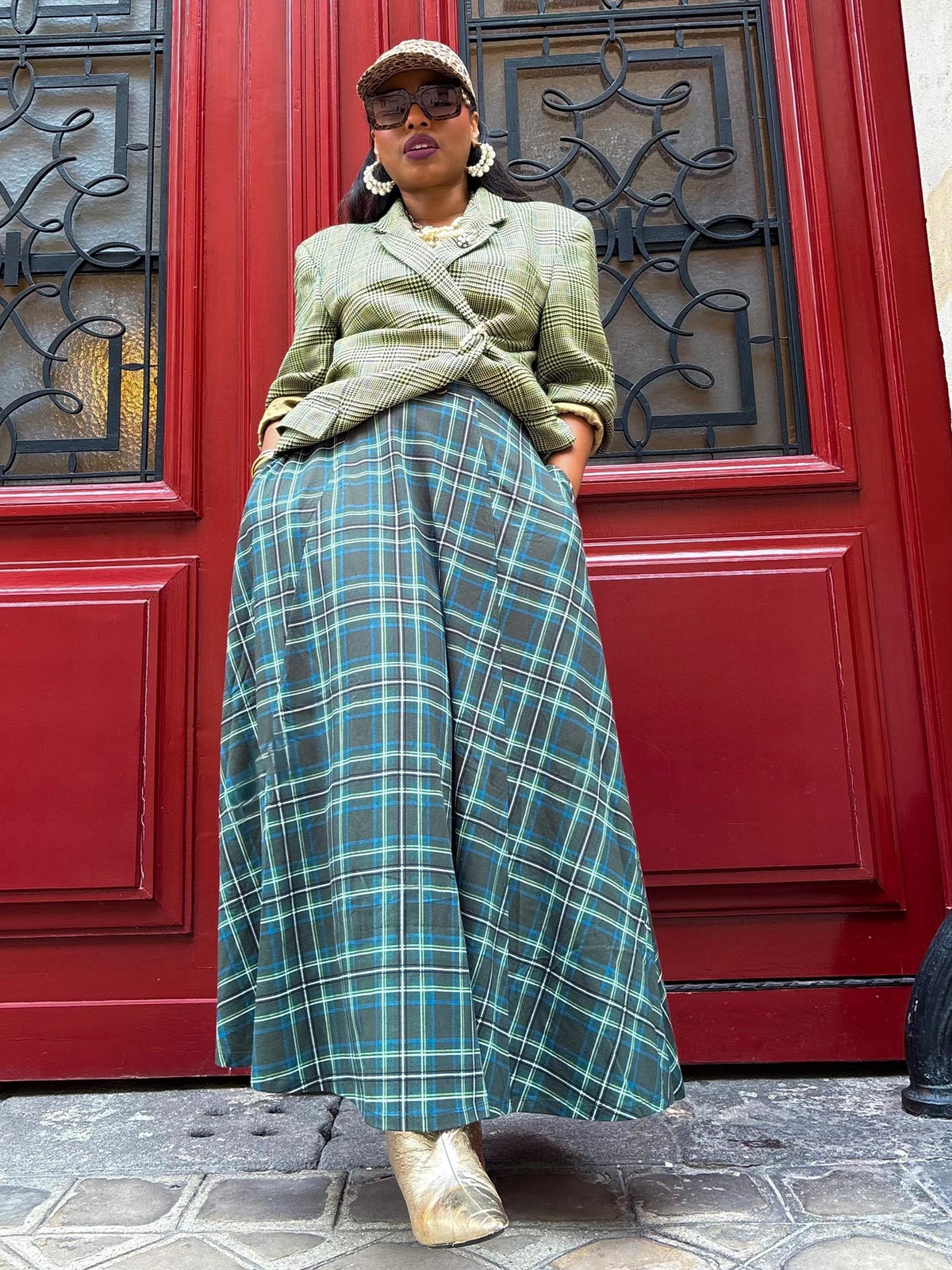 Islay Jersey Maxi A-Line Skirt - Green Plaid