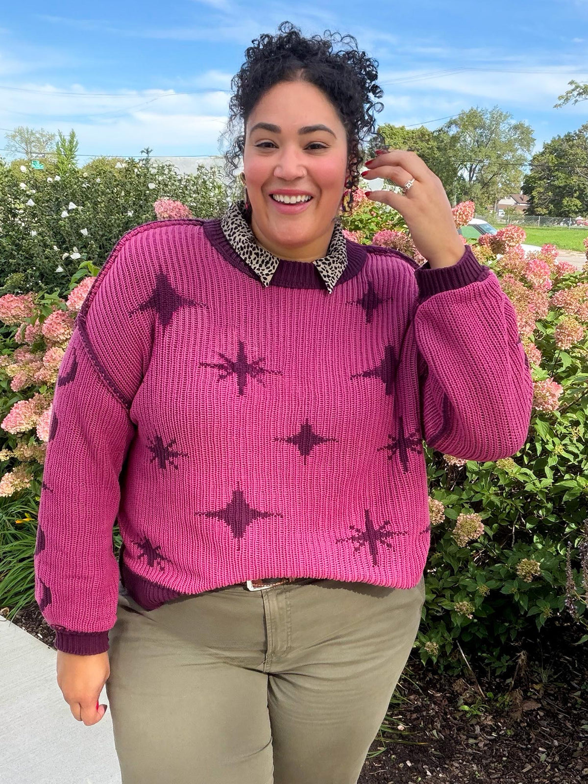 Chunky Knit Sweater - Stars - Pink/Purple