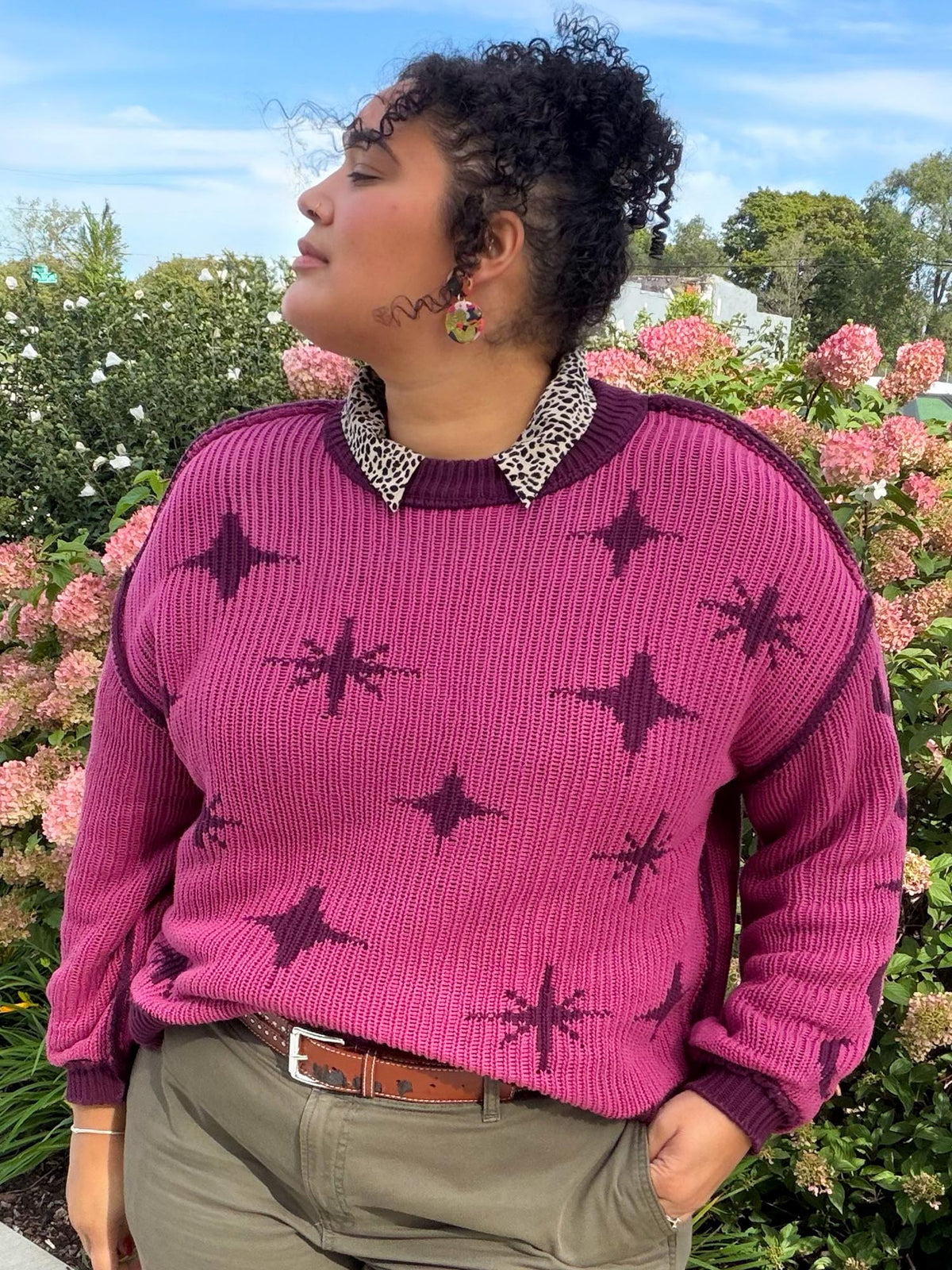 Chunky Knit Sweater - Stars - Pink/Purple