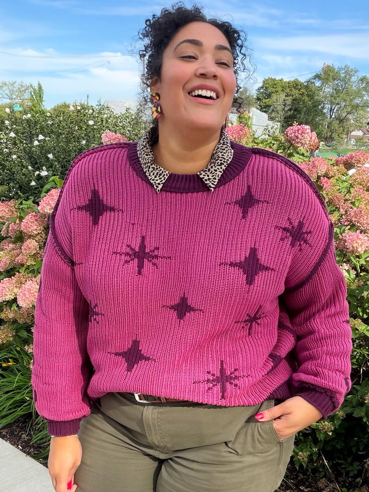 Chunky Knit Sweater - Stars - Pink/Purple