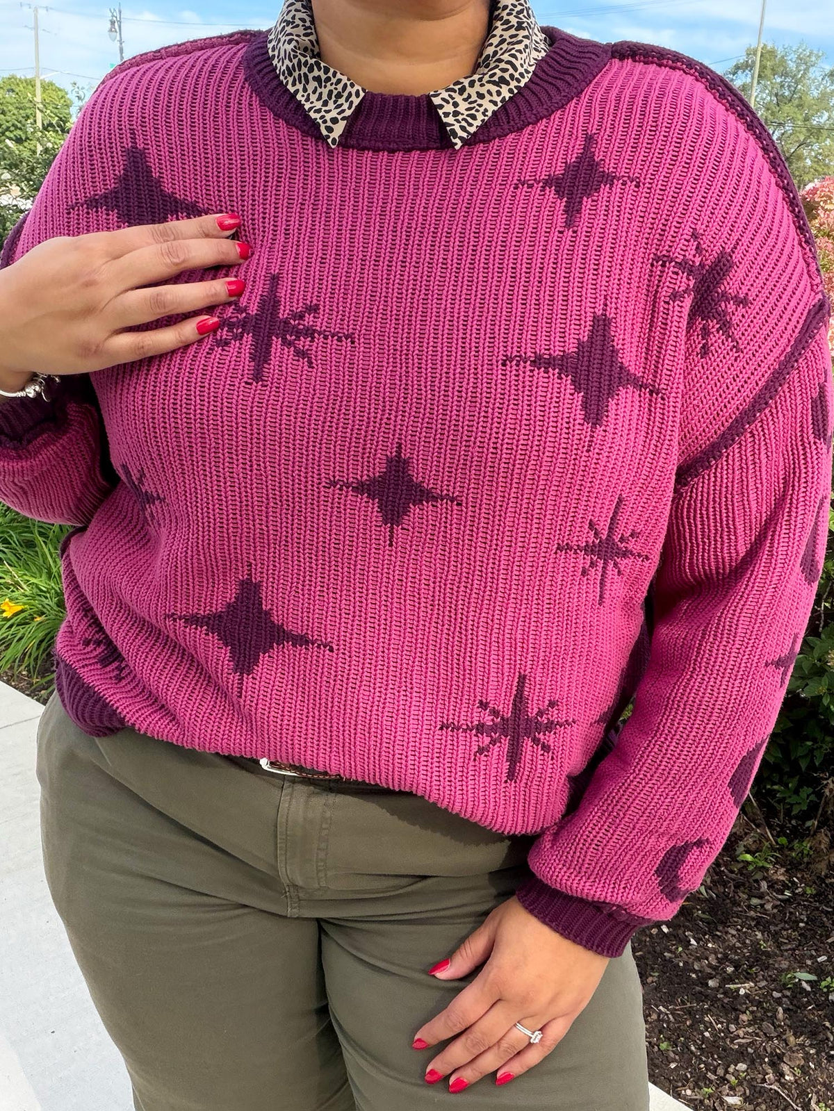 Chunky Knit Sweater - Stars - Pink/Purple