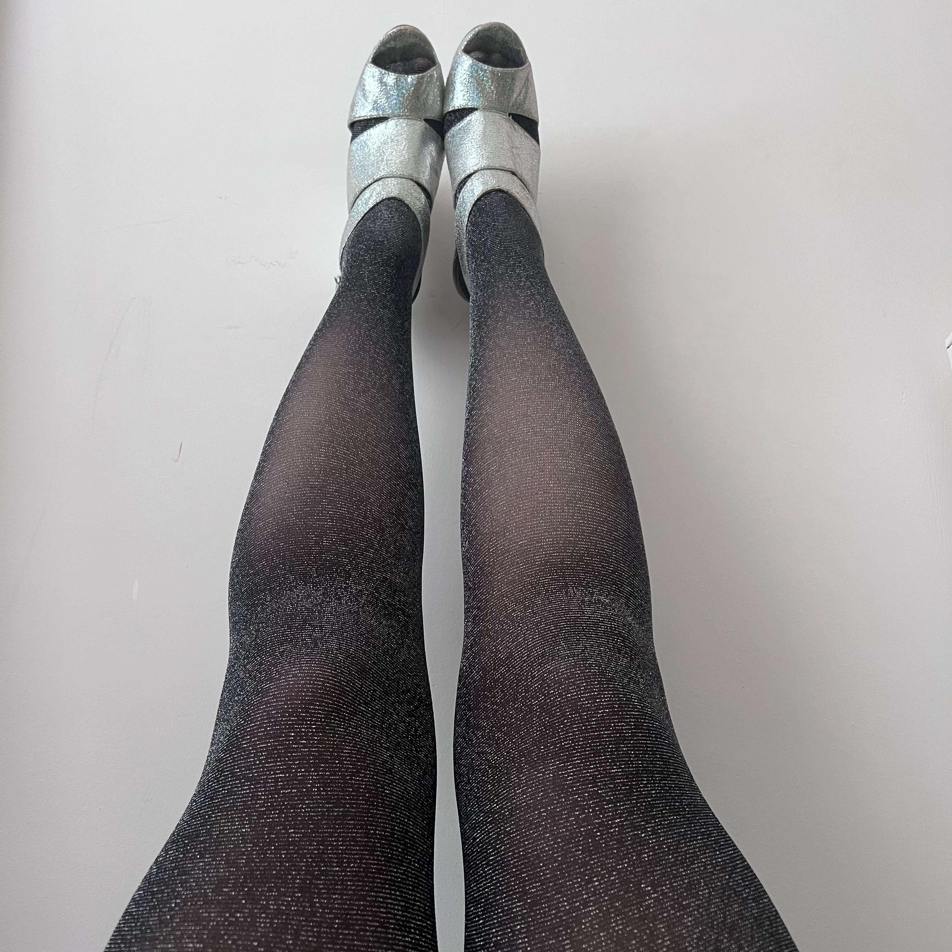 BLACK SILVER LUREX SPARKLY OPAQUE TIGHTS PANTYHOSE GLITTER ONE SIZE 8 - 14  UK