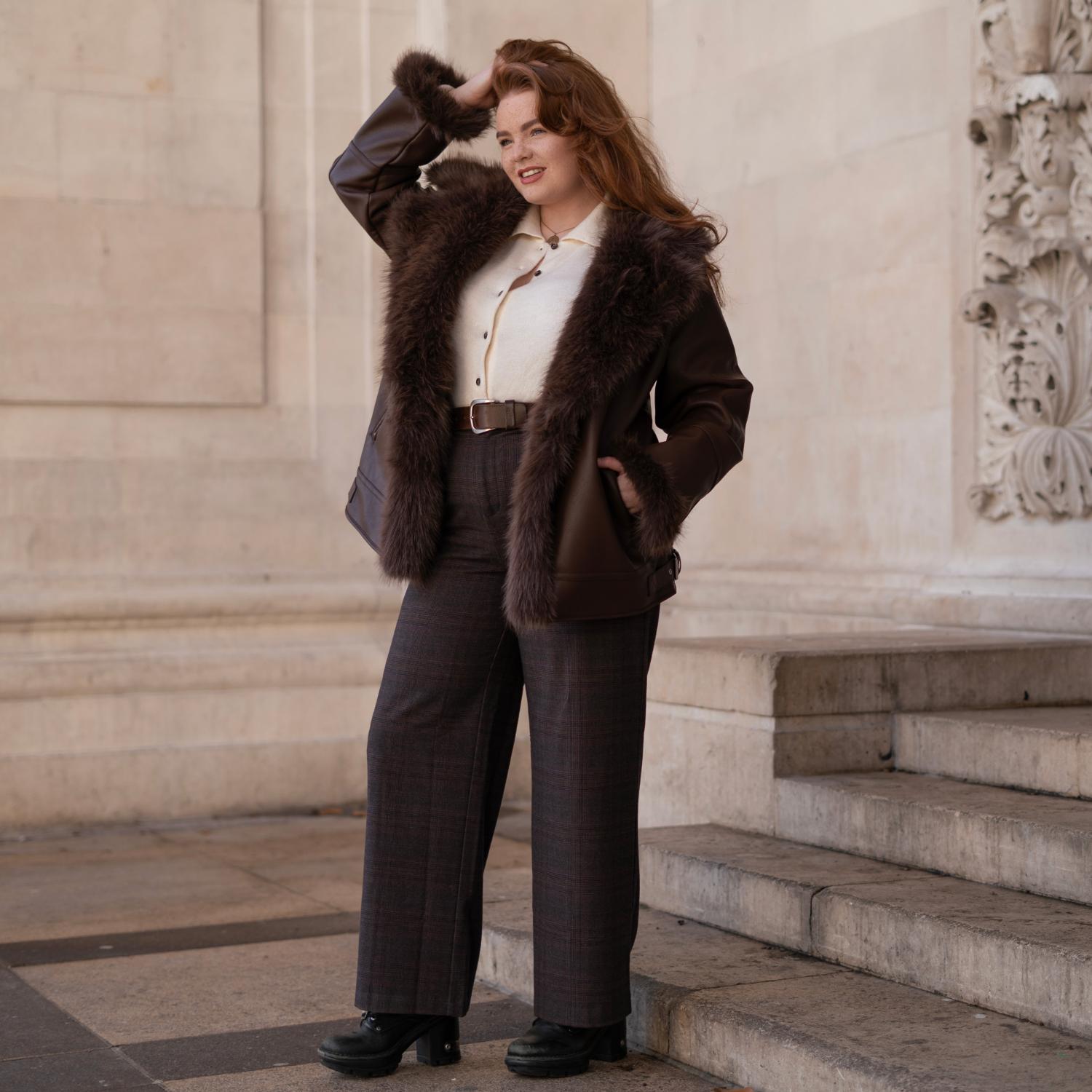 アリソンブラウン ALIVE WITH PLEASURE JACKET Brown Faux Fur Aviator Longline Jacket - Ethical & Inclusive Snag