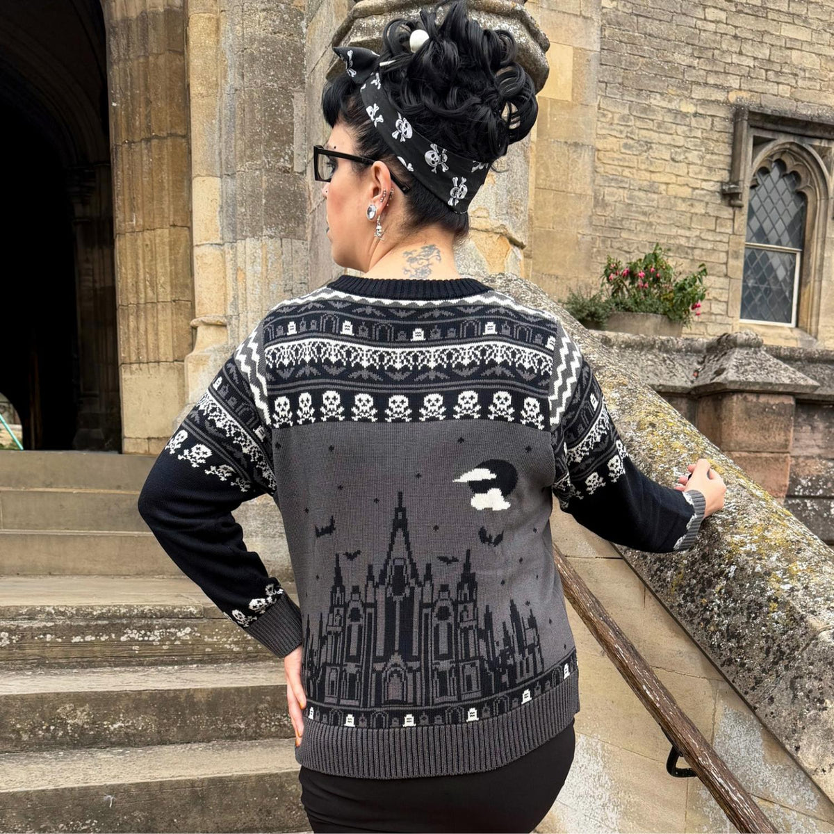 Fair Isle Sweater - Haunted House - Black/Gray