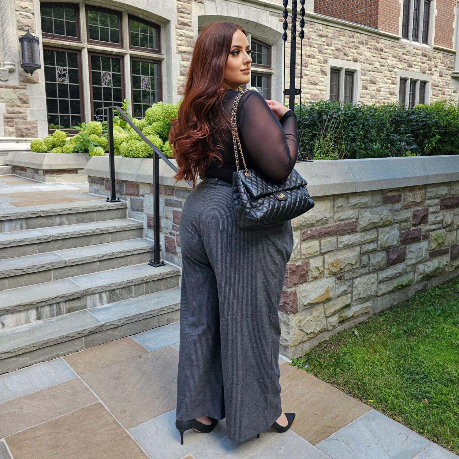 Wide Leg Pinstripe Tailored Trousers - Charcoal - Tights & Clothes