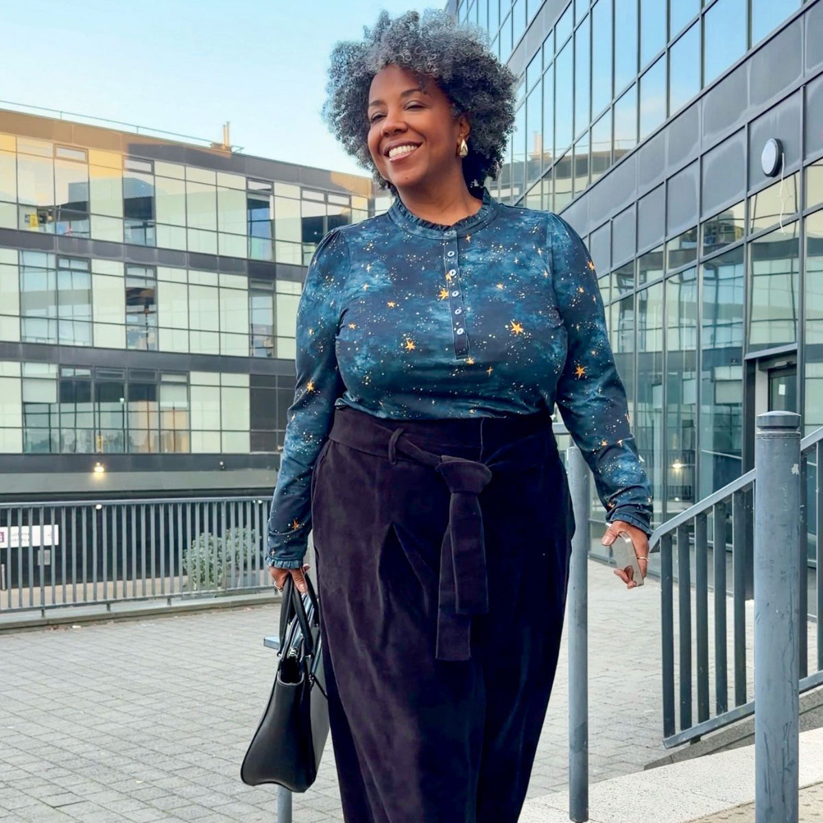 Tailored Viscose Jersey Button-Up Top - Nebular Stars