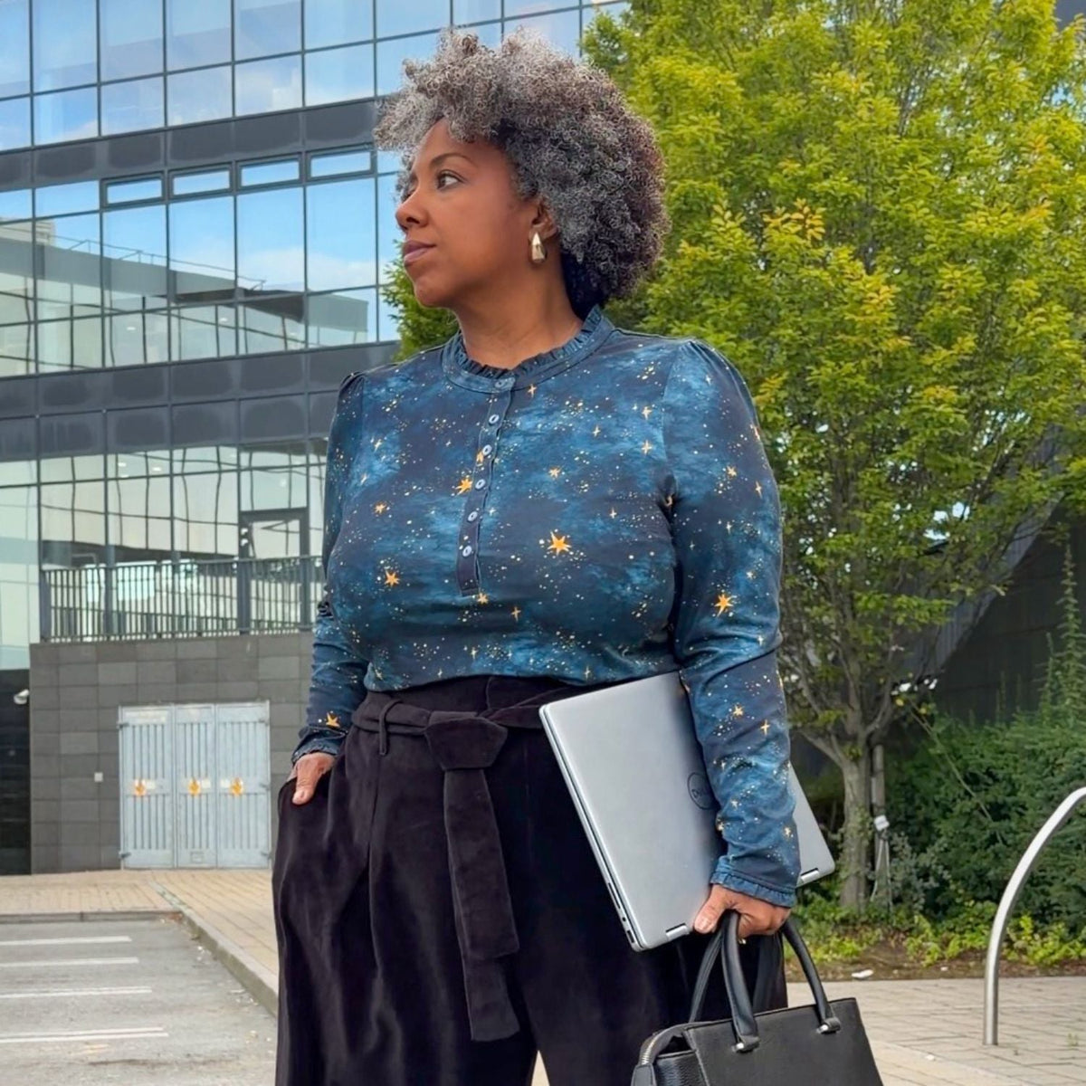 Tailored Viscose Jersey Button-Up Top - Nebular Stars