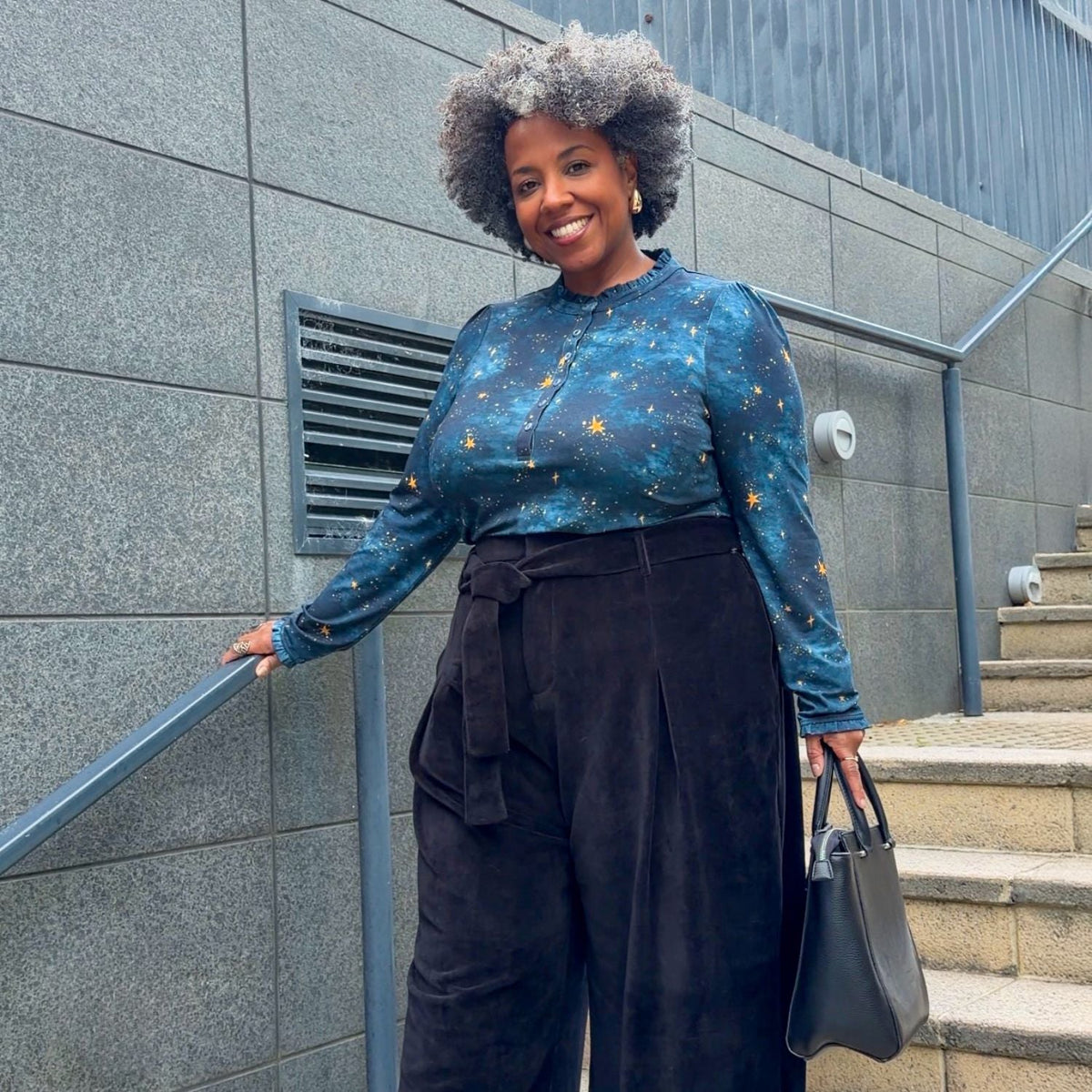 Tailored Viscose Jersey Button-Up Top - Nebular Stars