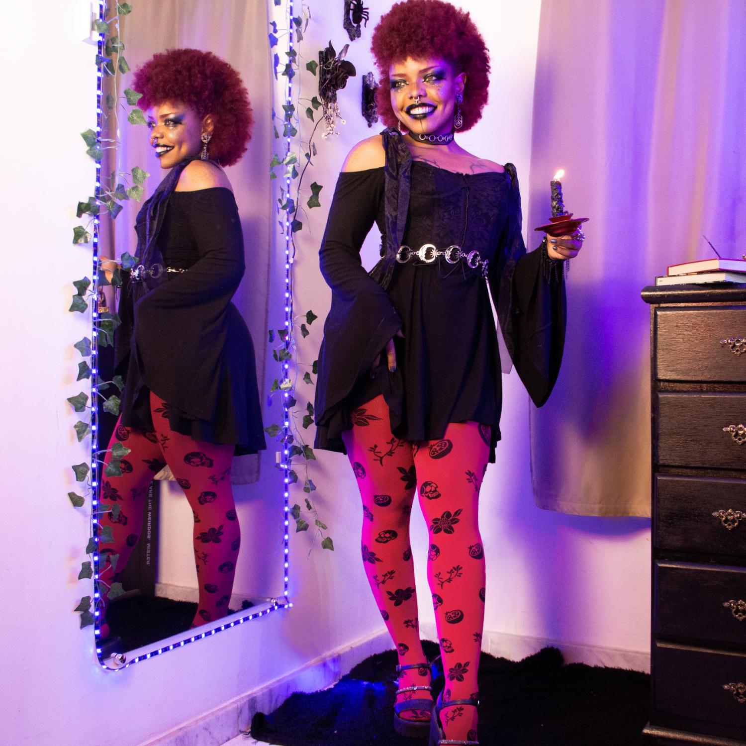 80 Denier Opaque Tights - Danu Skull Flower - Blood Red