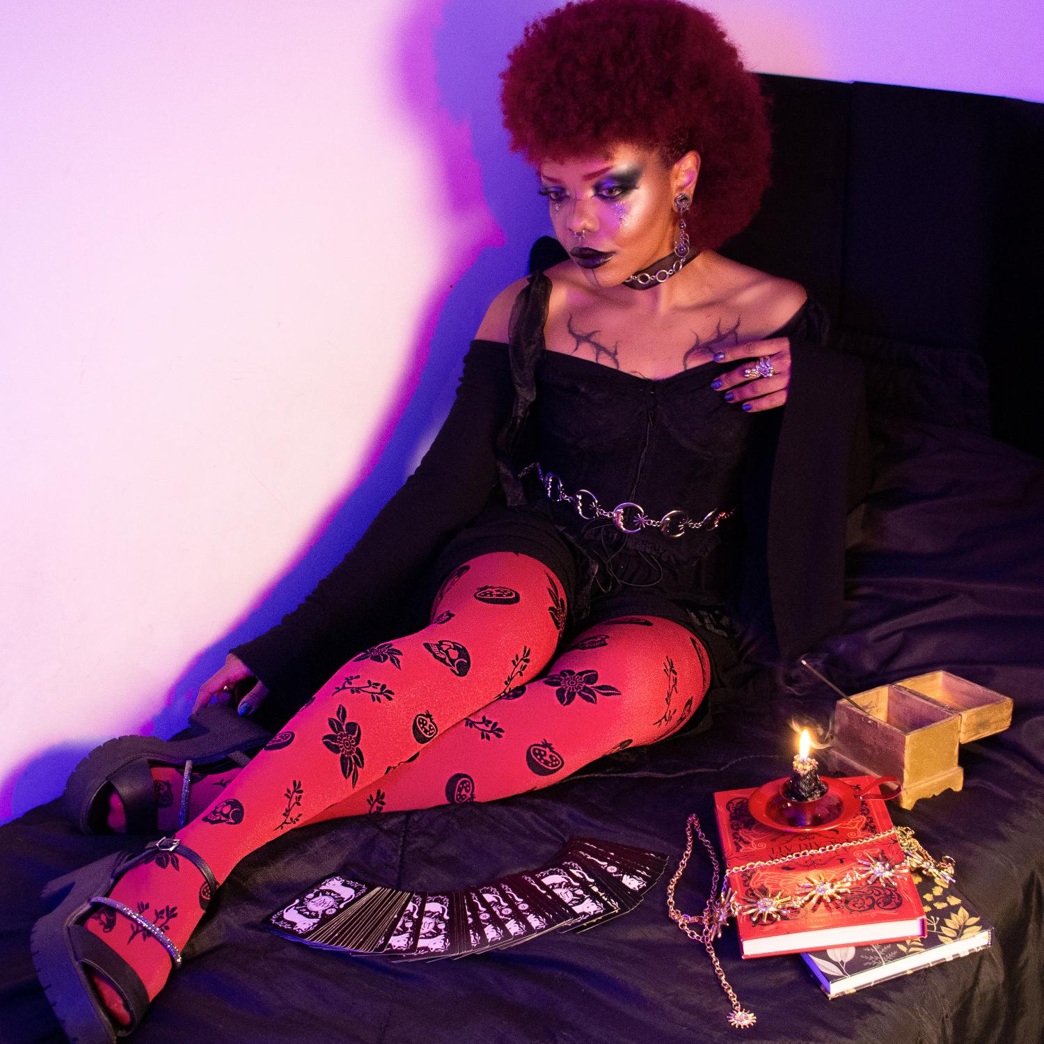 80 Denier Opaque Tights - Danu Skull Flower - Blood Red